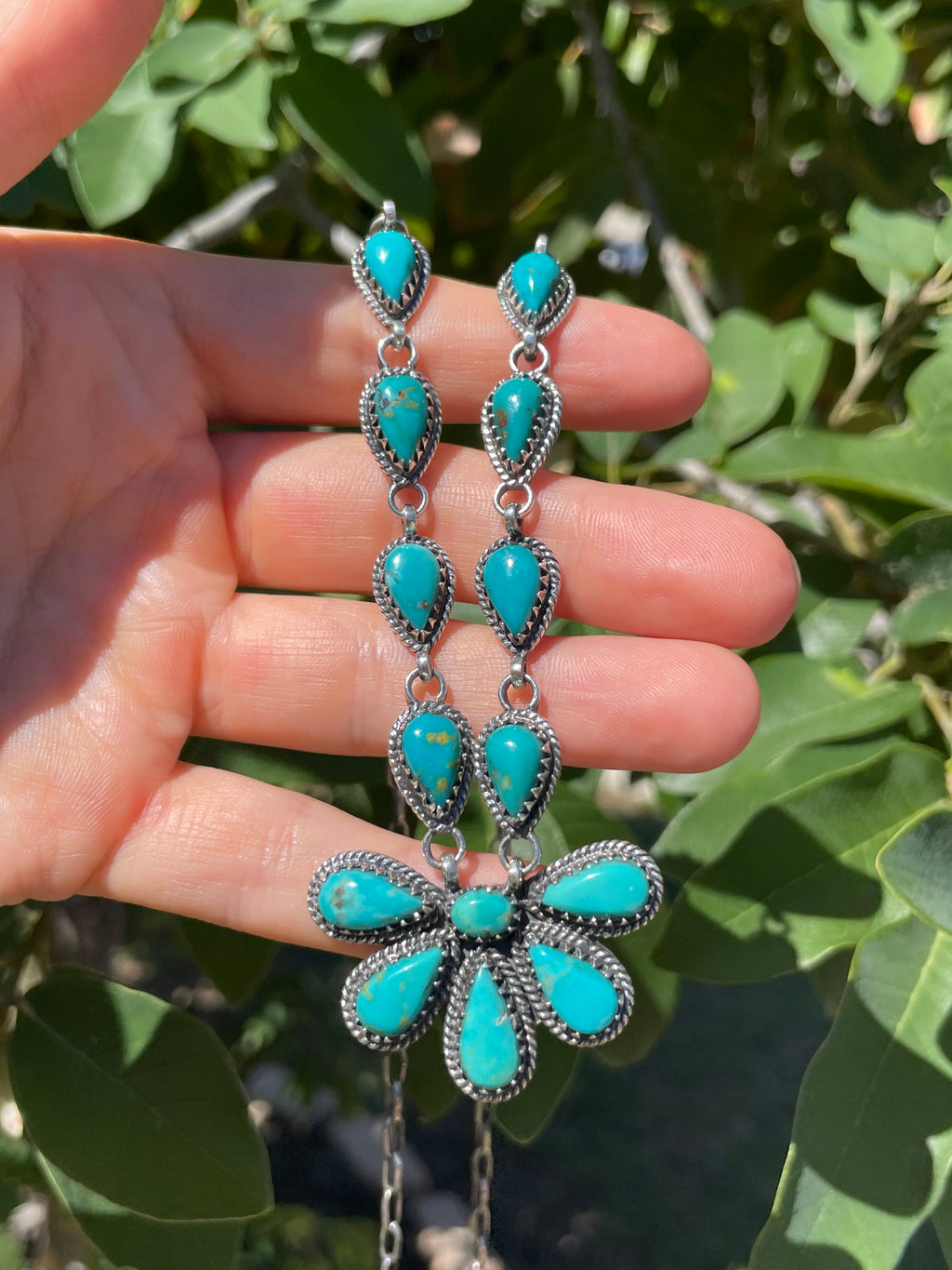 Kingman Turquoise Flower Lariat Necklace | Sterling Silver D135