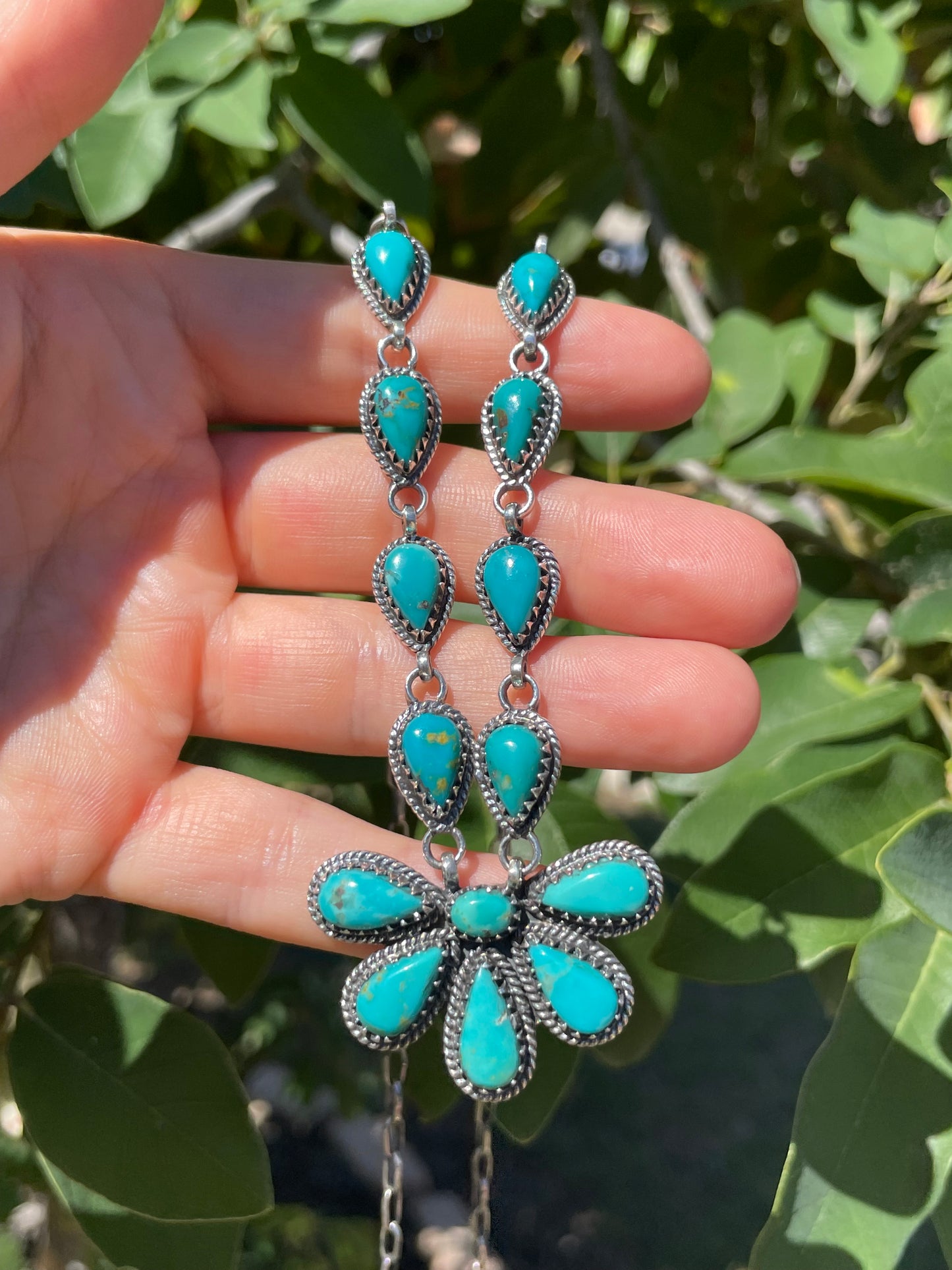 Kingman Turquoise Flower Lariat Necklace | Sterling Silver D135