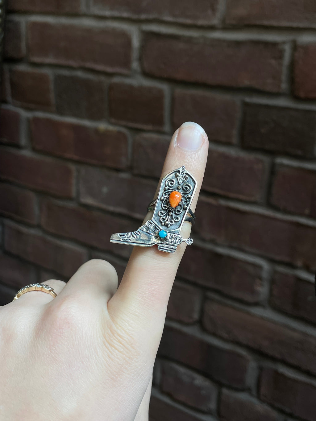 Spiny Oyster Turquoise Cowboy Boot Ring Size 7 | 925 Sterling Silver E188