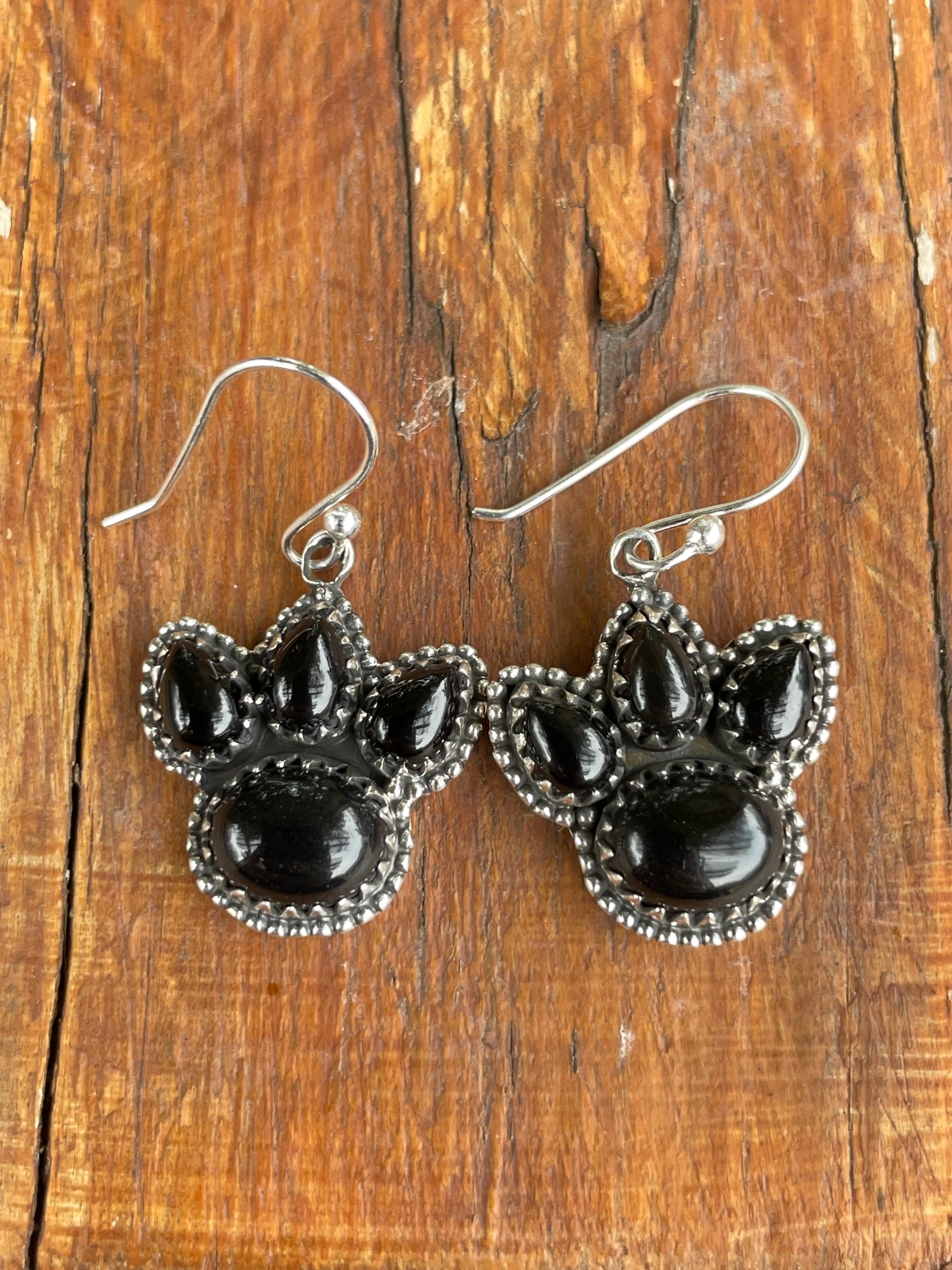 Black Onyx Paw Dangle Earrings | 925 Sterling Silver B963