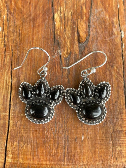 Black Onyx Paw Dangle Earrings | 925 Sterling Silver B963