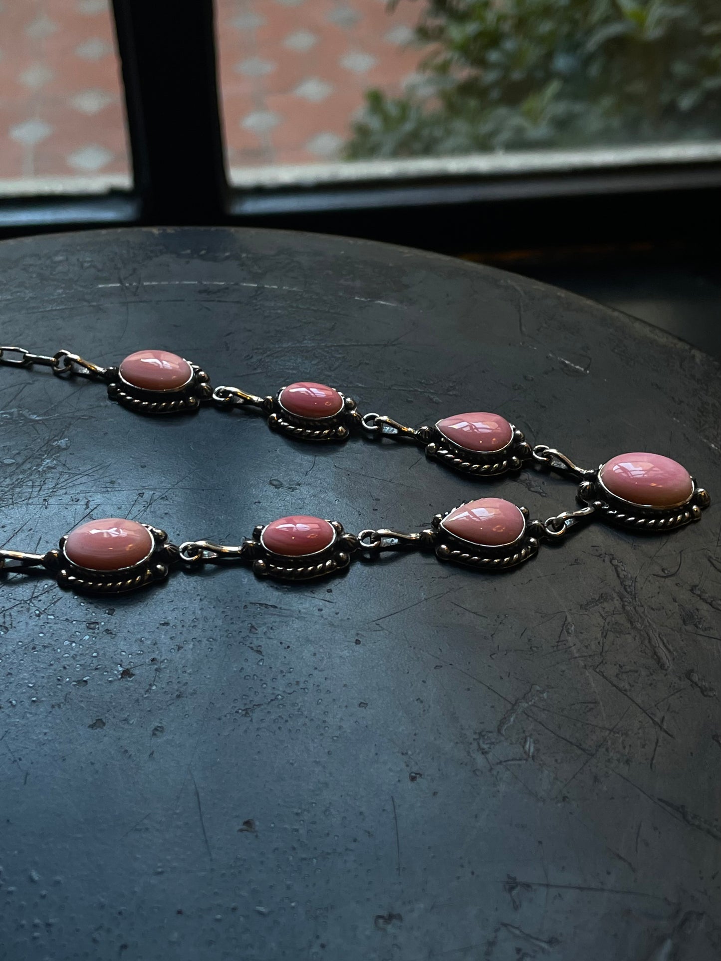 Pink Conch Lariat Necklace | Teardrop Station Drop | 925 Silver E565