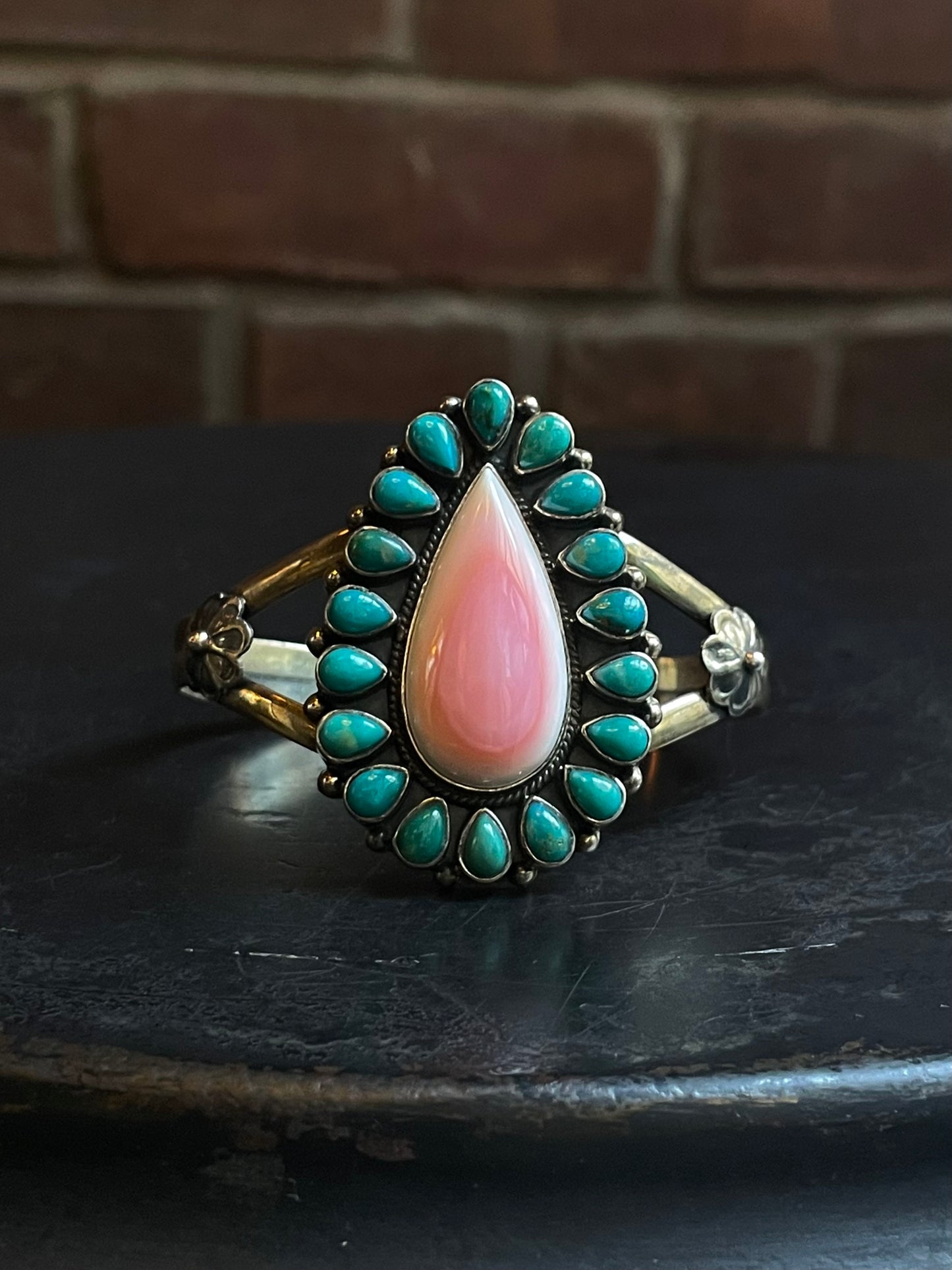 Pink Conch & Kingman Turquoise Floral Cuff | 925 Sterling Silver E496