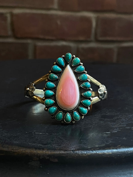 Pink Conch & Kingman Turquoise Floral Cuff | 925 Sterling Silver E496