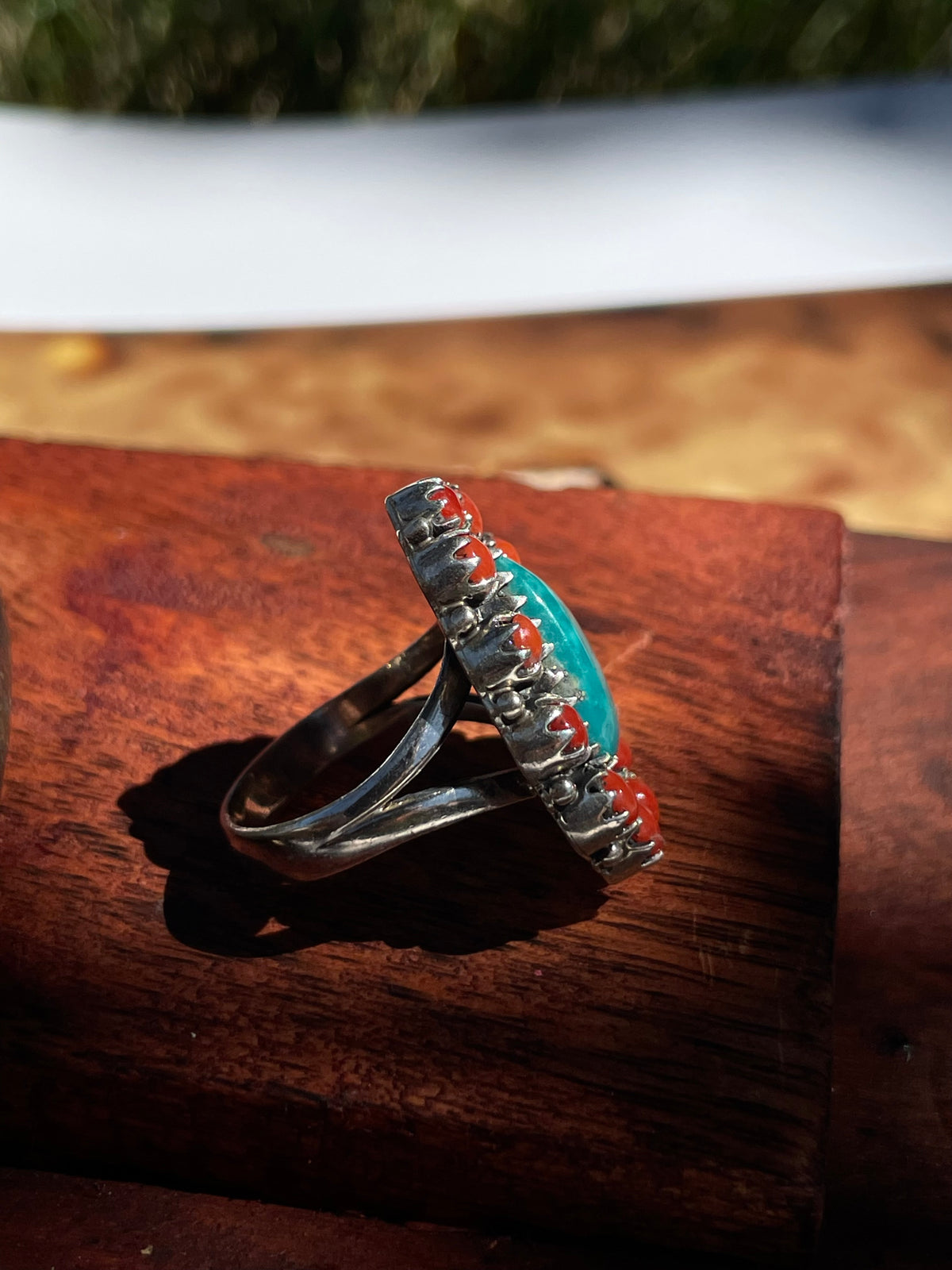 Turquoise & Italian Coral Cluster Ring | 925 Sterling Silver | Size 7.25 D340