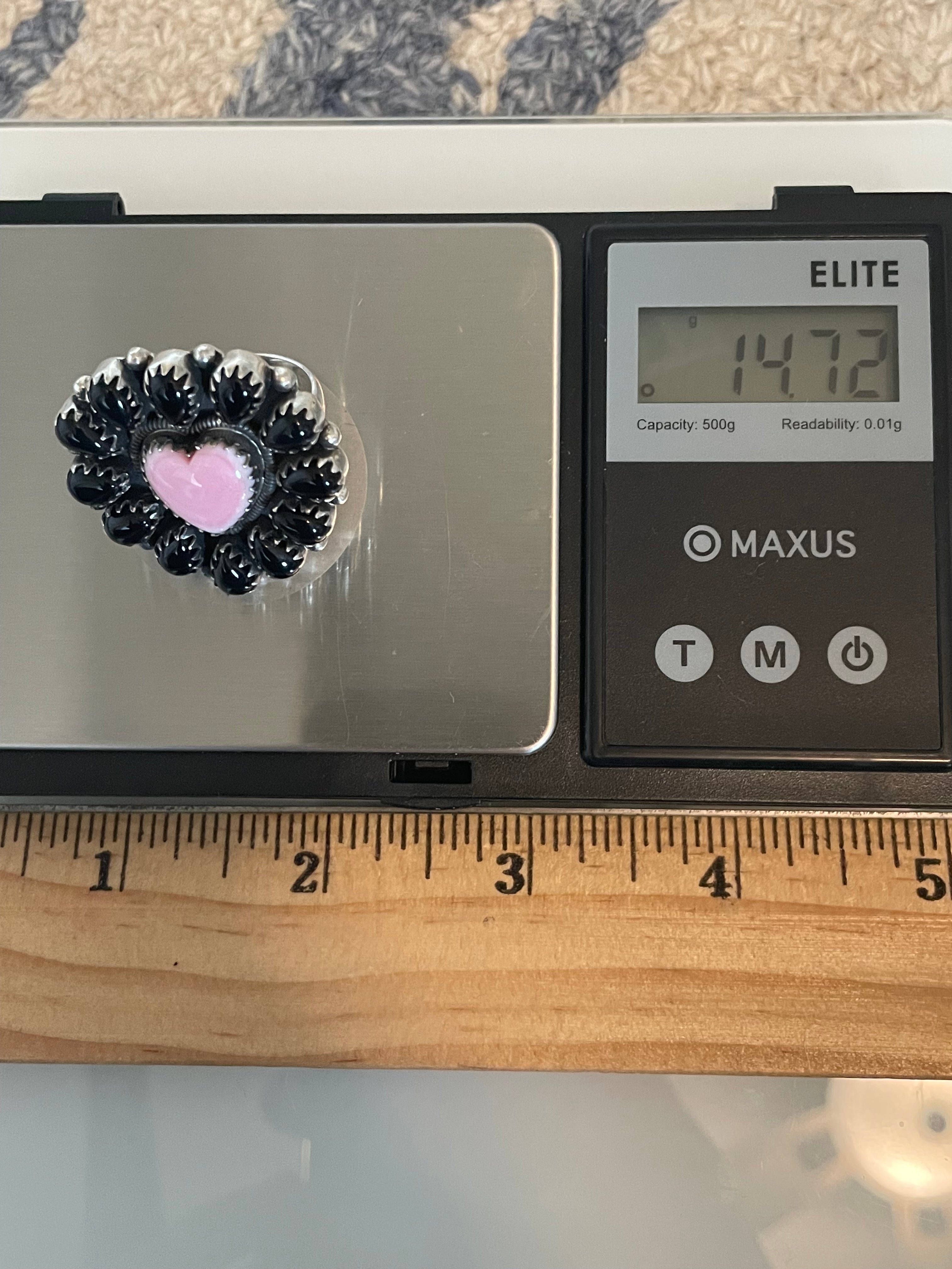Black Onyx & Pink Conch Flower Ring | 925 Sterling Silver Size 7.75 G568