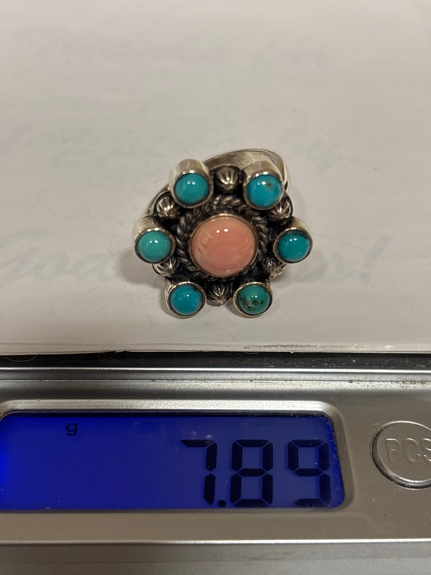 Pink Conch & Kingman Turquoise Ring Size 9 | 925 Sterling Silver C942