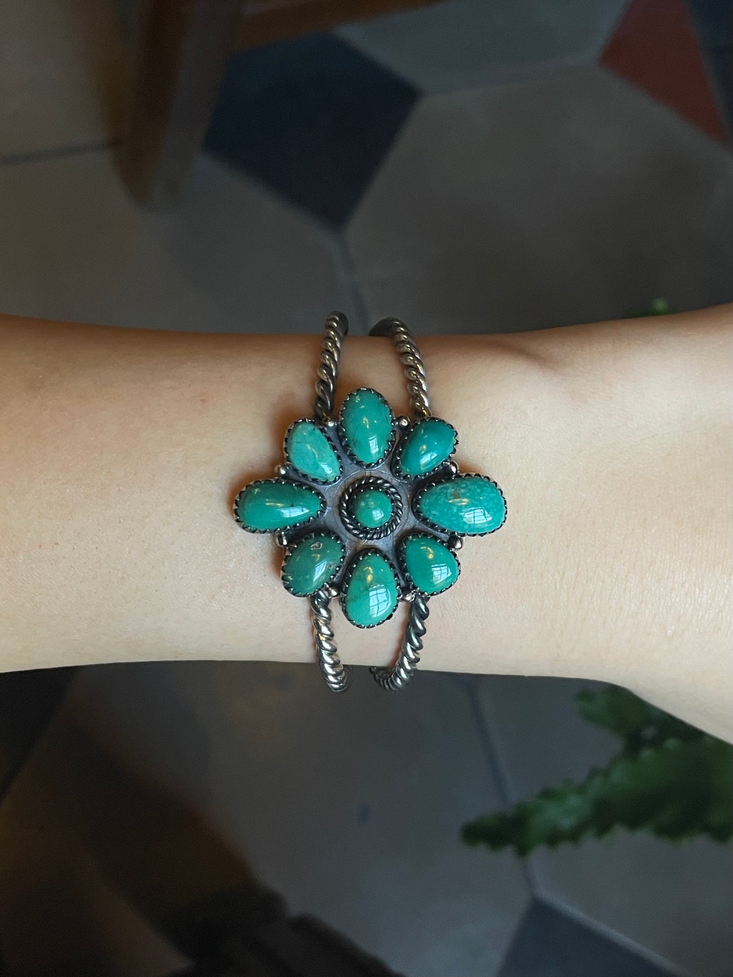 Kingman Turquoise Flower Cuff | 925 Sterling Silver E491