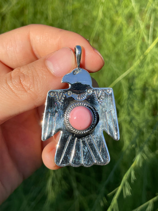 Pink Conch Thunderbird Pendant | Handcrafted Sterling Silver 925 B454