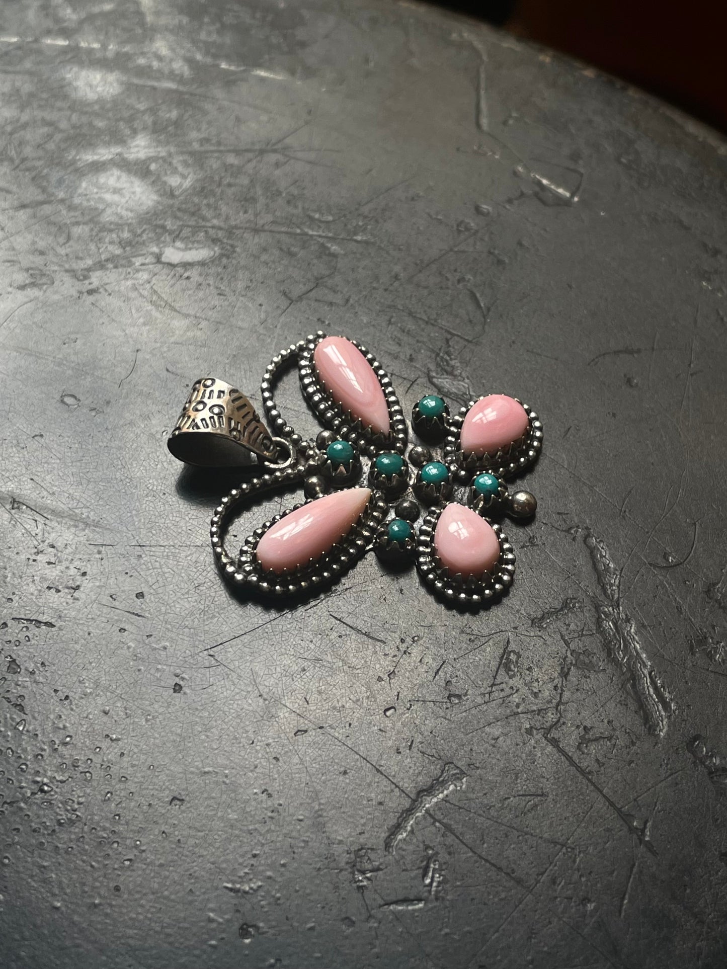 Pink Conch Turquoise Butterfly Pendant | Sterling Silver E723