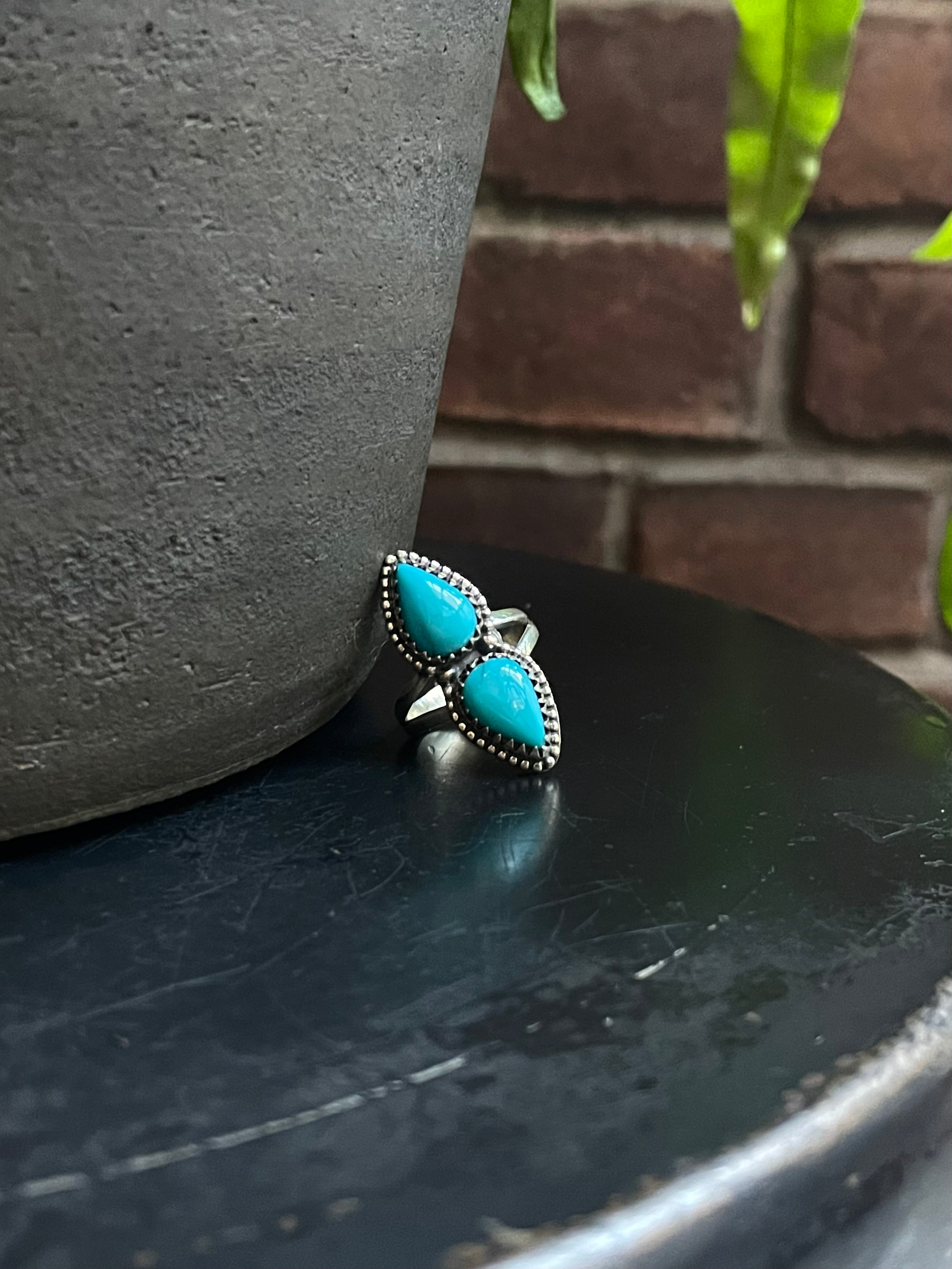 Kingman Turquoise Double Stone Ring Size 7 | 925 Sterling Silver C565