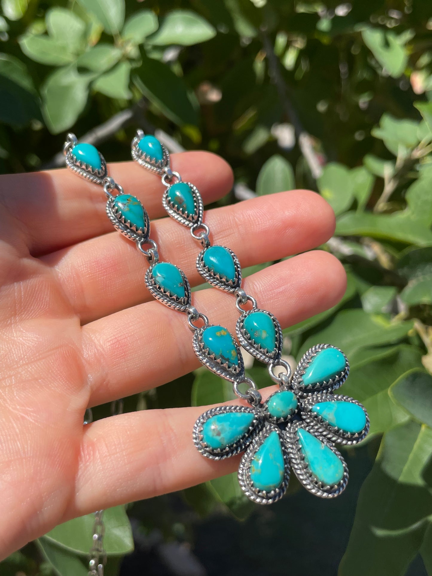 Kingman Turquoise Flower Lariat Necklace | Sterling Silver D135