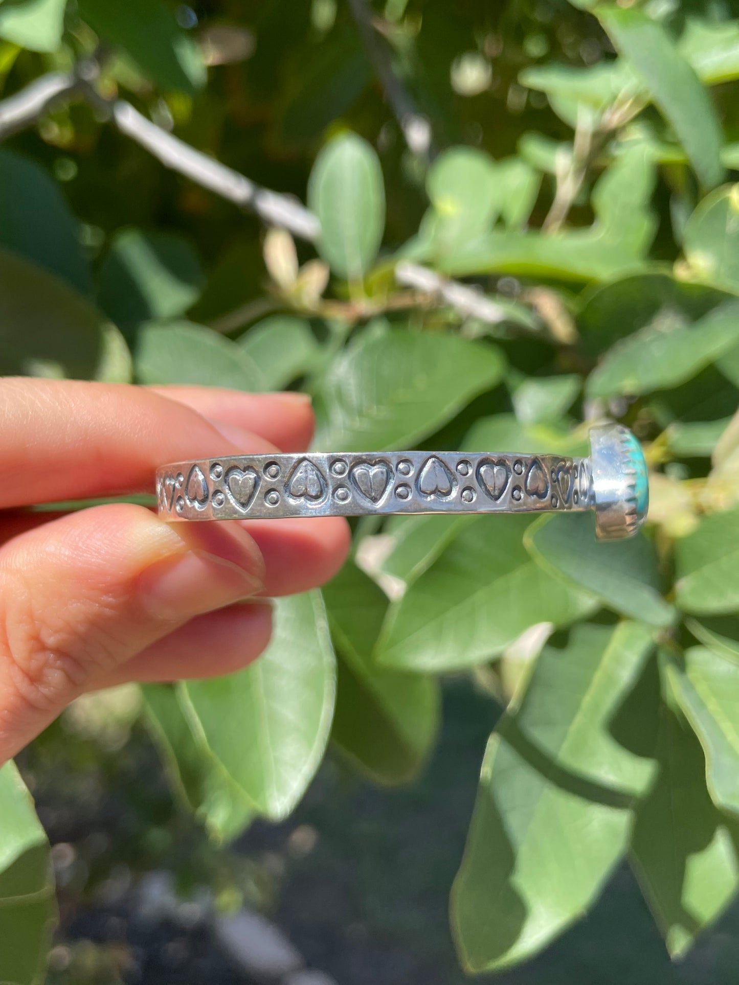 Kingman Turquoise Heart Stamped Cuff Bracelet | Sterling Silver D144