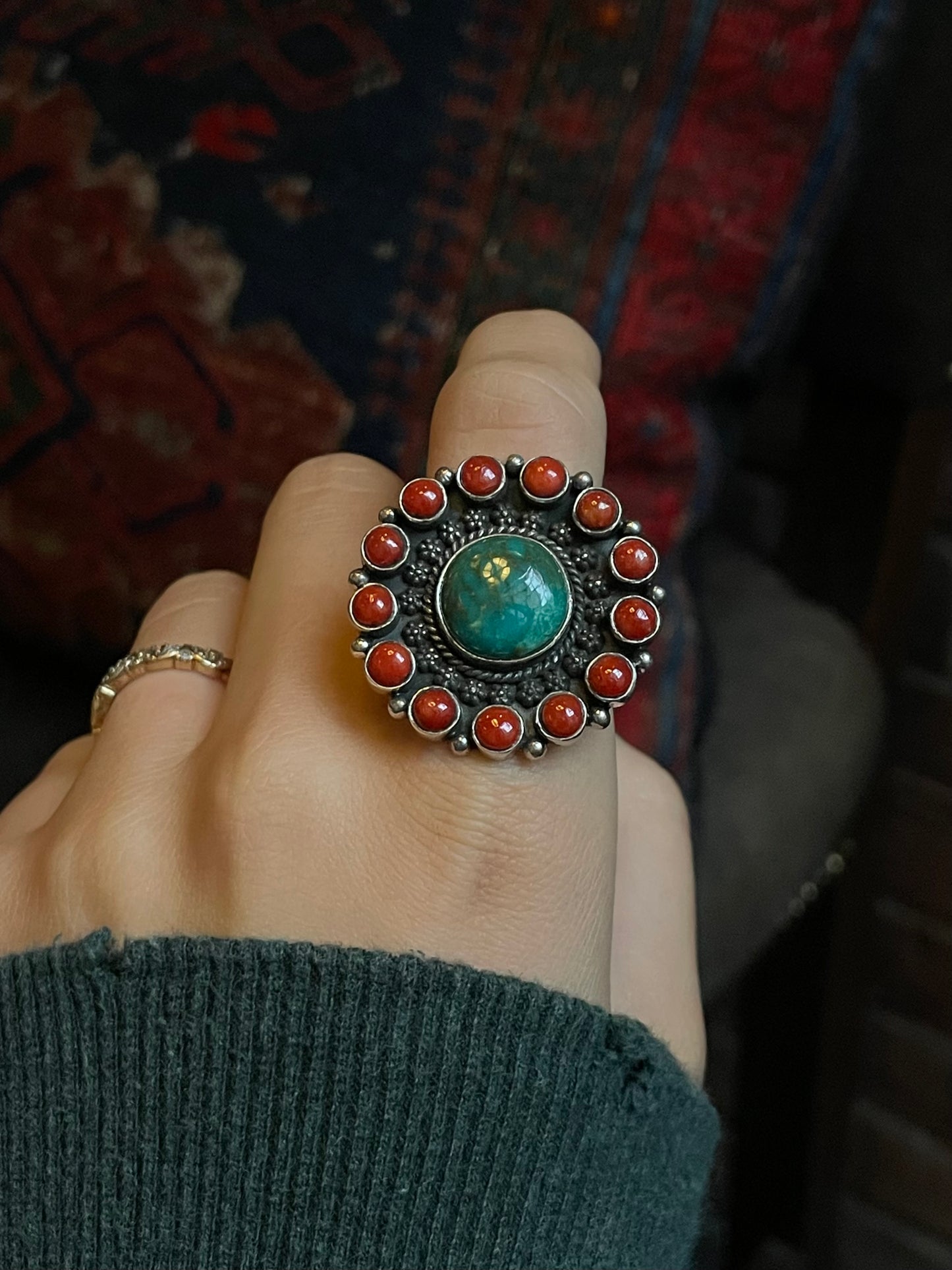 Coral & Turquoise Cluster Ring Size 9 | 925 Sterling Silver G262