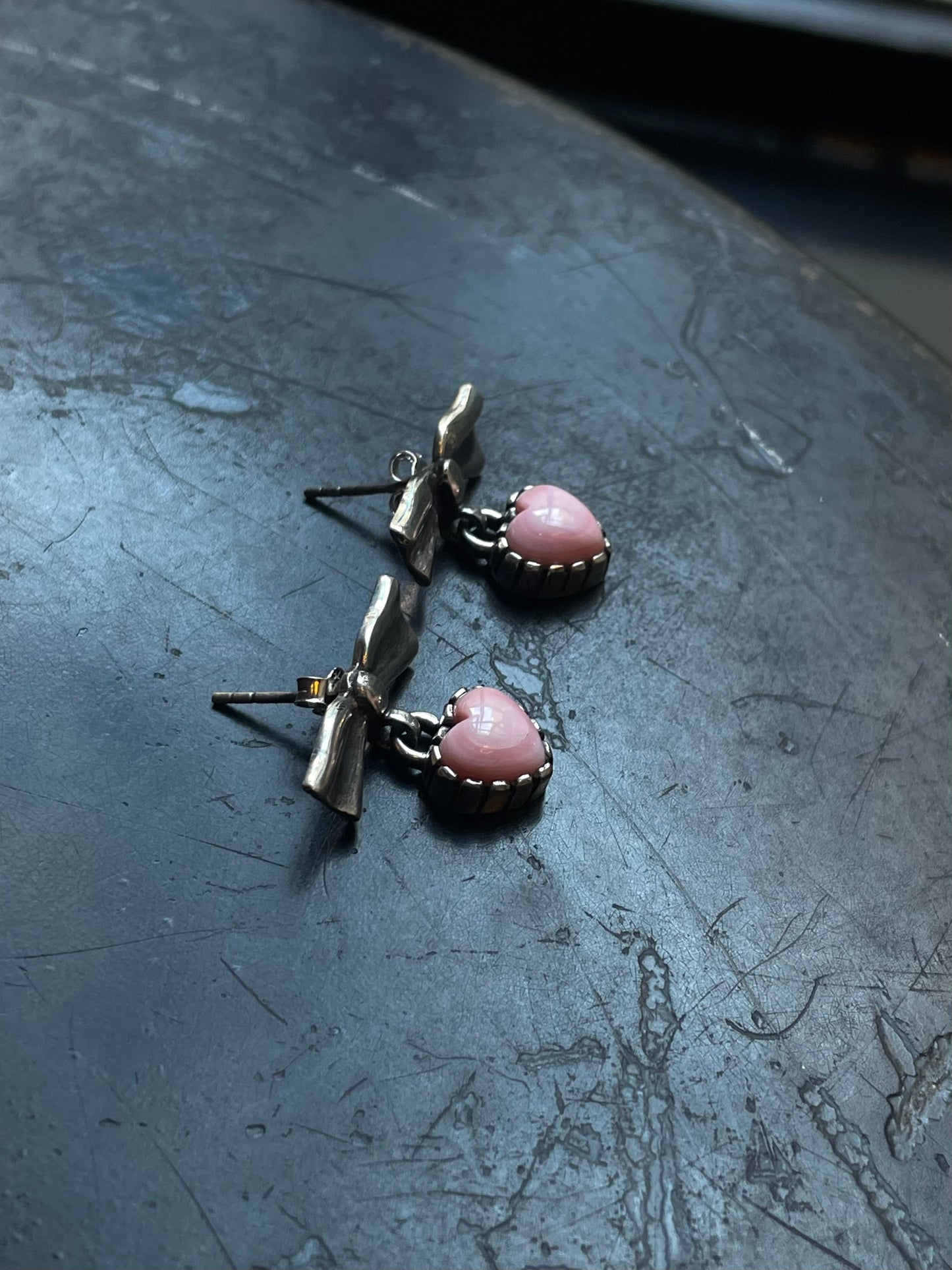 Pink Conch Bow Stud Earrings | Heart Drop Sterling Silver E676
