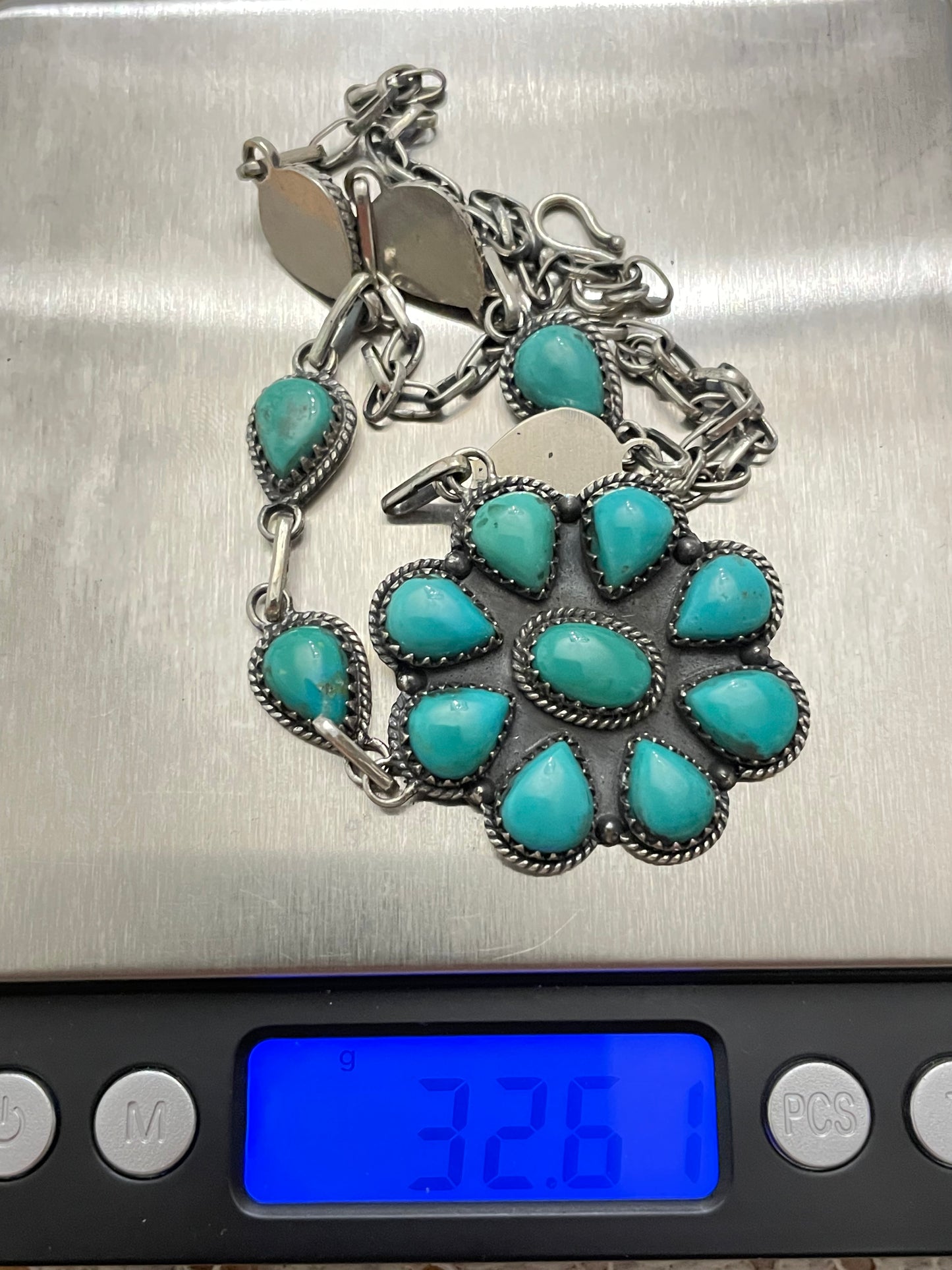 Kingman Turquoise Flower Necklace | Sterling Silver 925 Cluster |B895