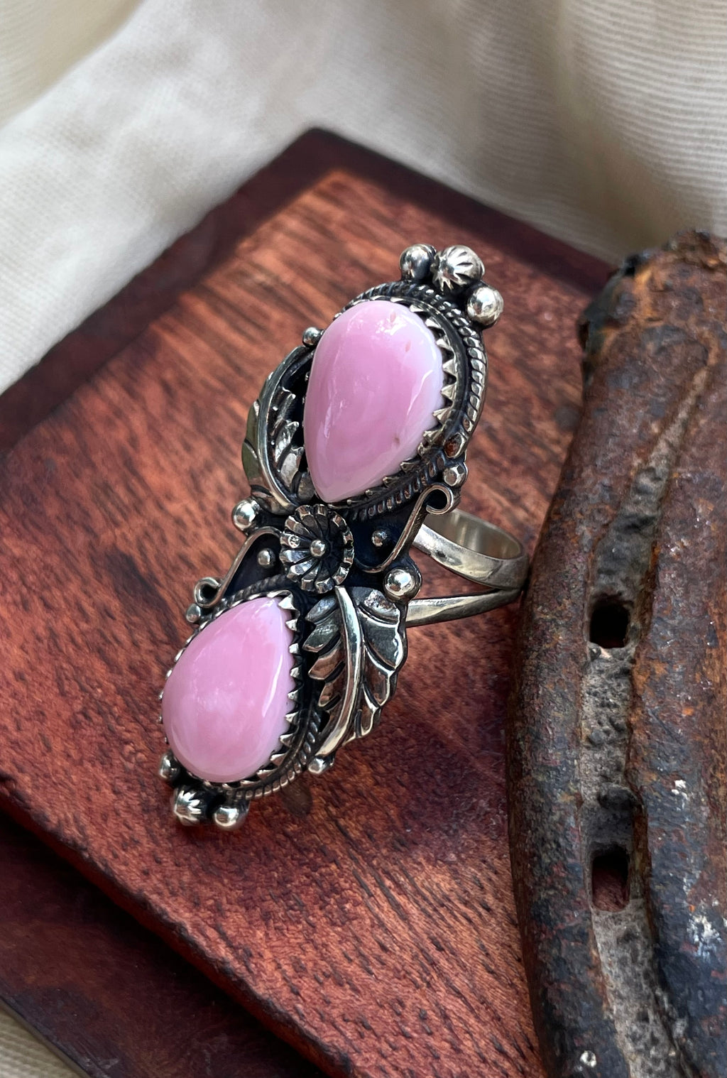 Pink Conch Floral Double Teardrop Ring | 925 Sterling Silver Size 8 C585