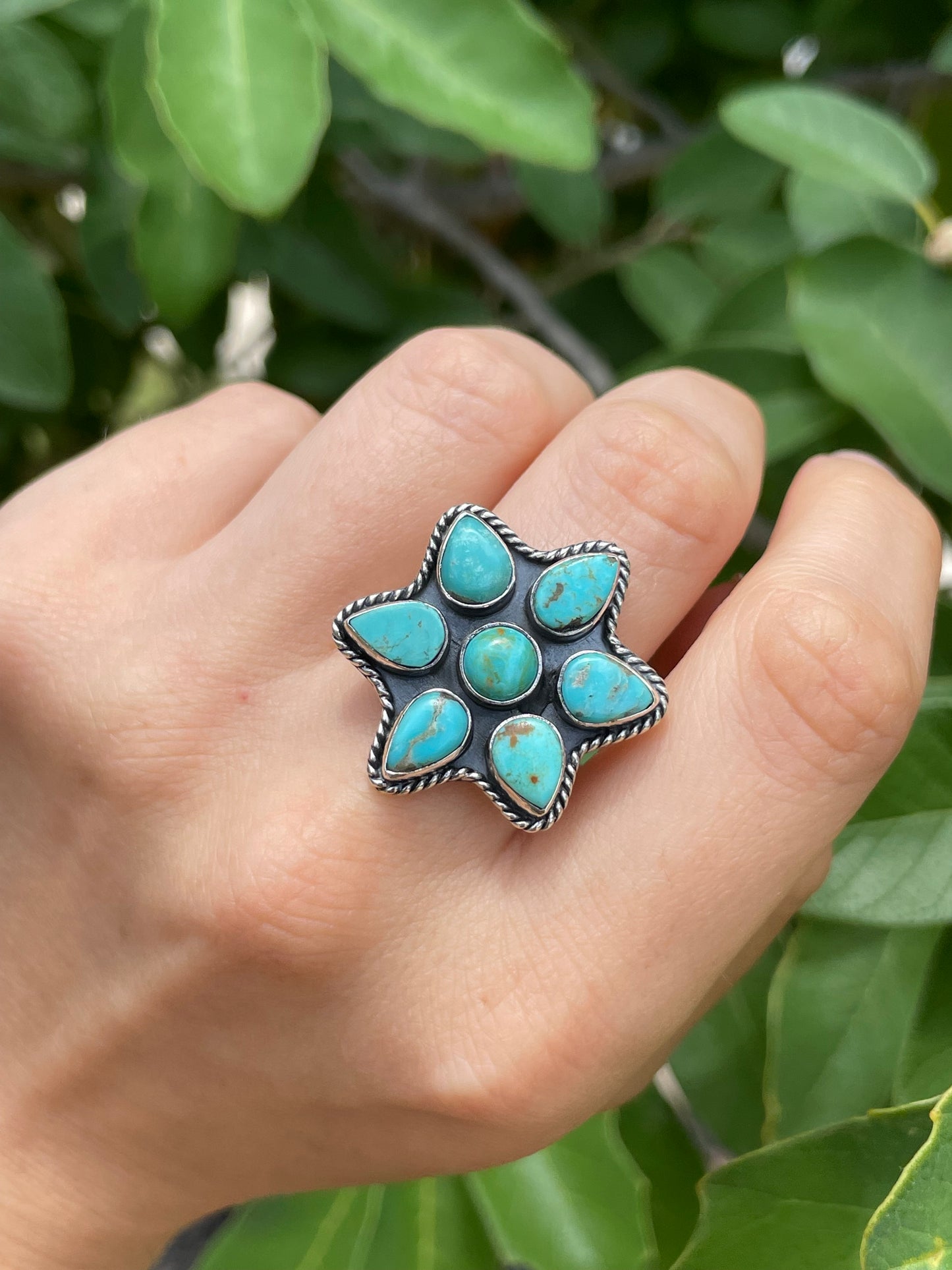 Kingman Turquoise Flower Ring Size 7 | 925 Sterling Silver D169