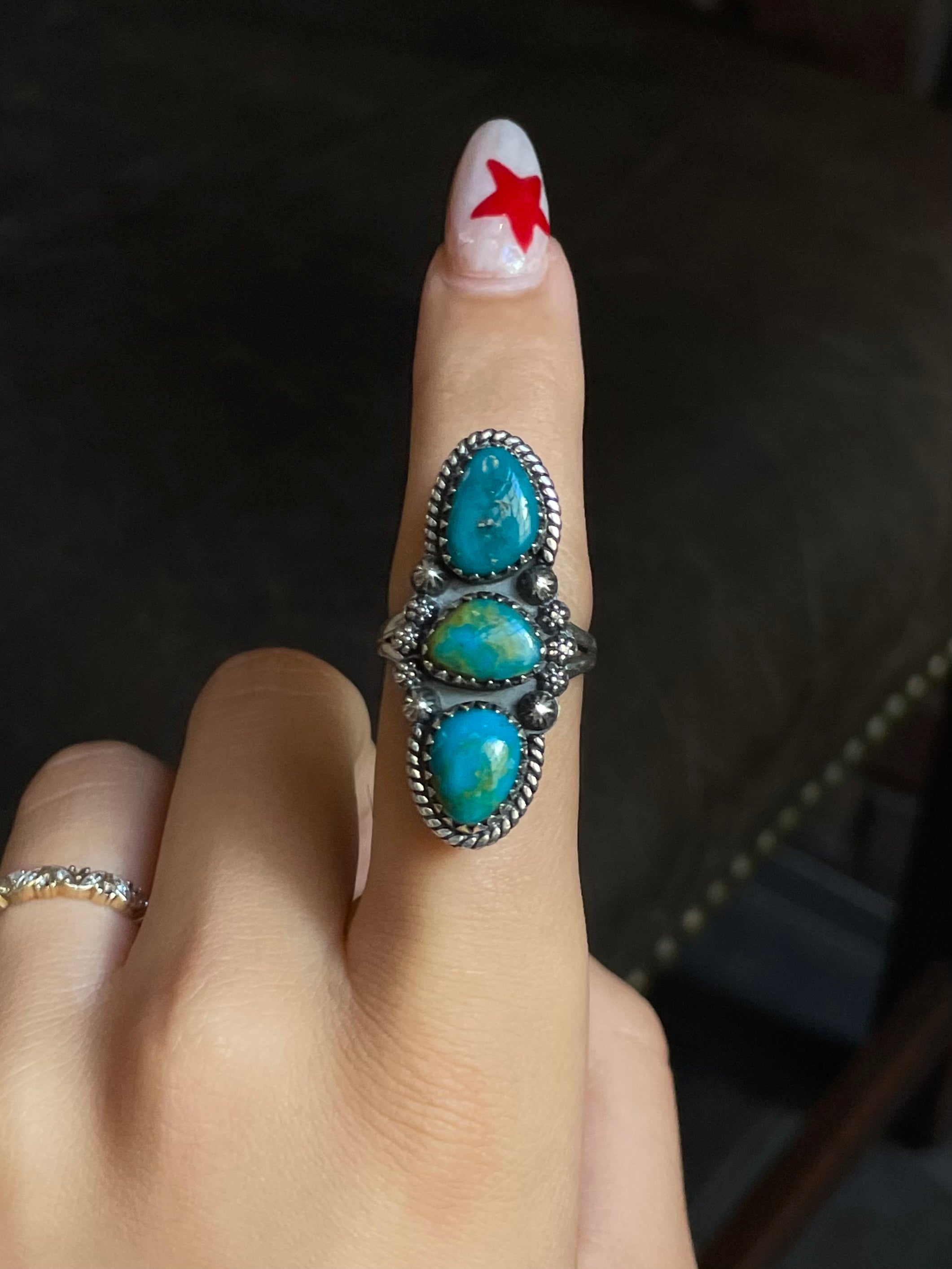 Kingman Turquoise Triple Stone Ring Size 8 | 925 Sterling Silver G582