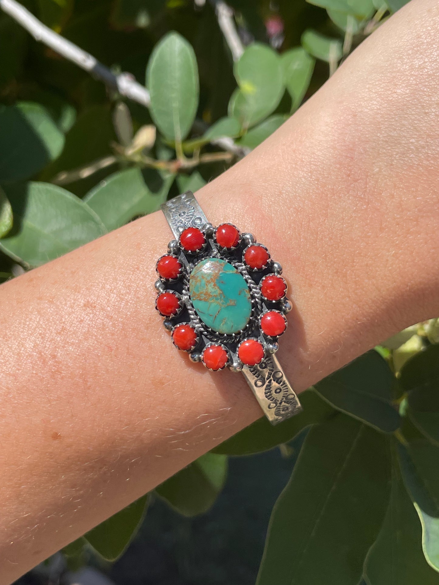 Kingman Turquoise & Red Coral Cluster Cuff Bracelet | Sterling Silver D139