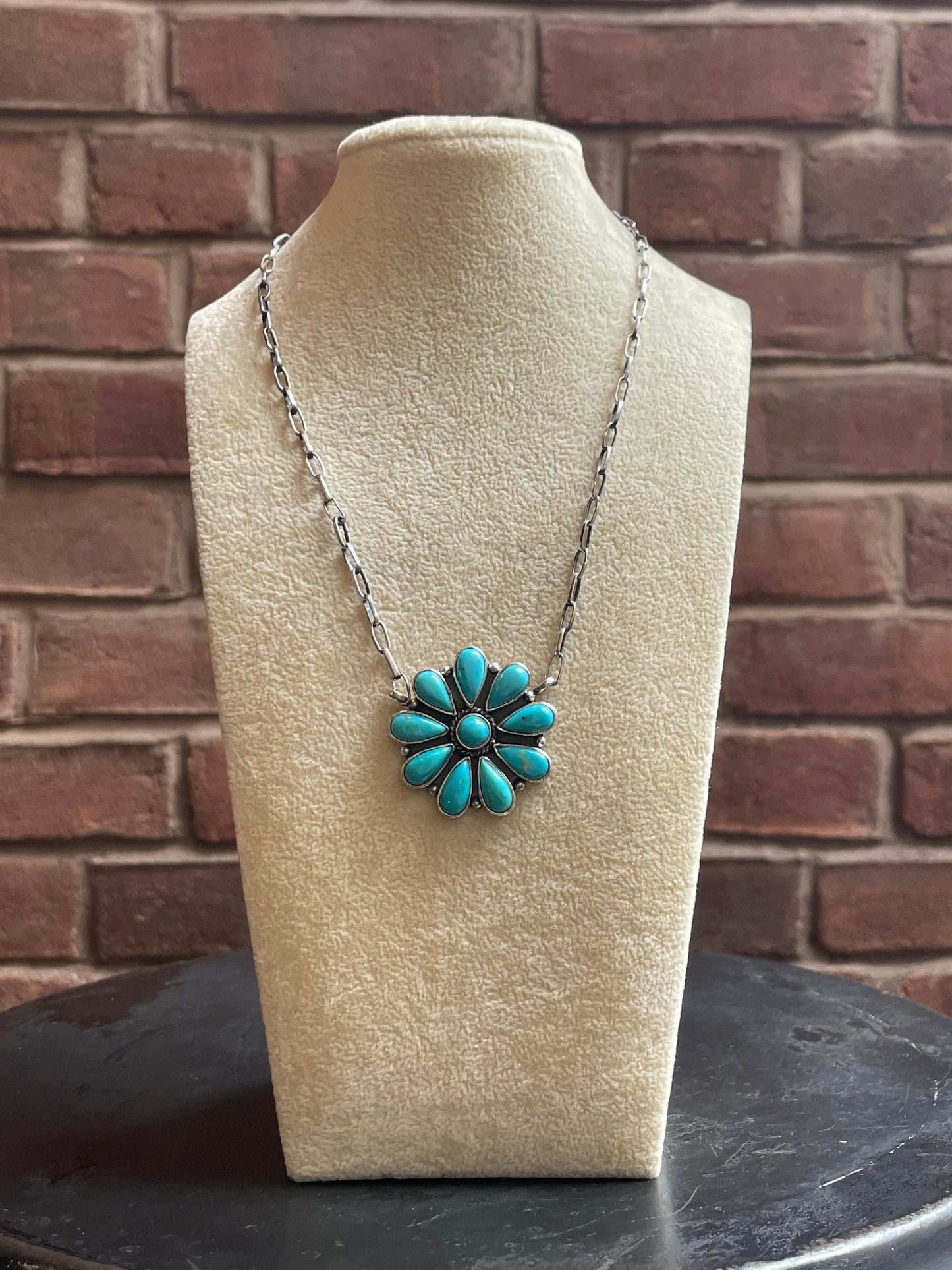 Kingman Turquoise Flower Cluster Necklace | 925 Sterling Silver E604