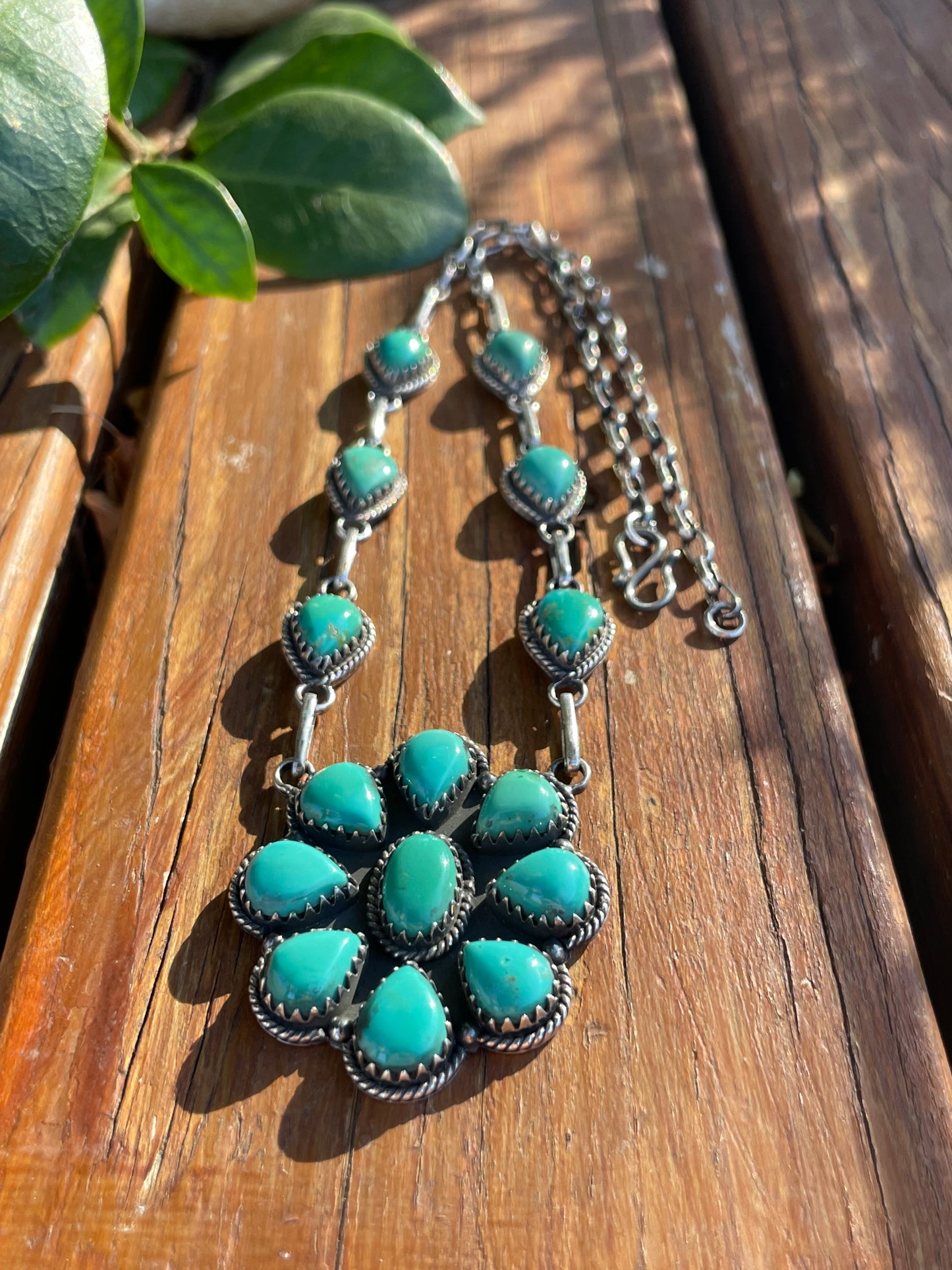 Kingman Turquoise Flower Necklace | Sterling Silver 925 Cluster |B895