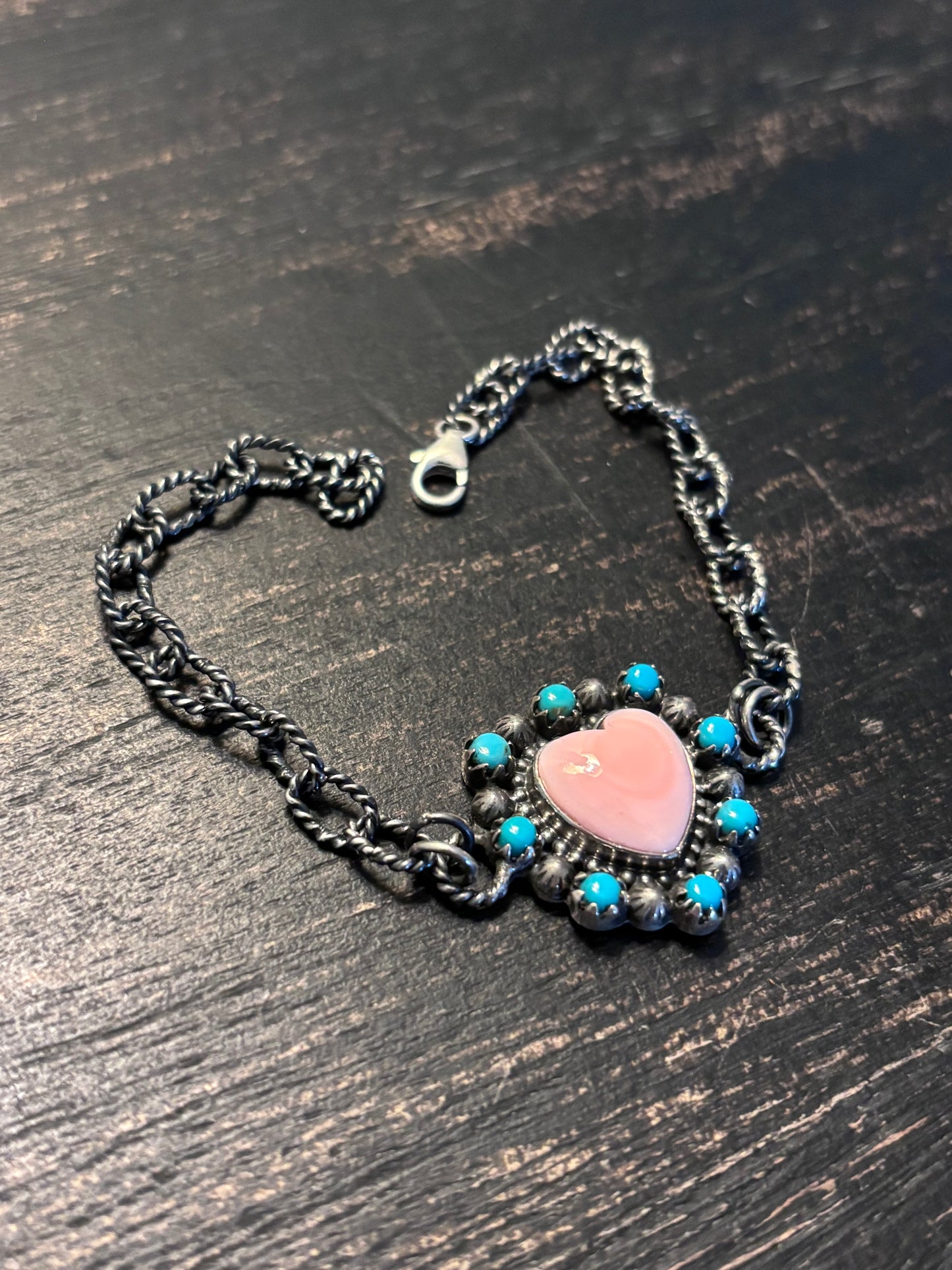 Pink Conch Heart Link Bracelet | 925 Sterling Silver Southwestern Style A002