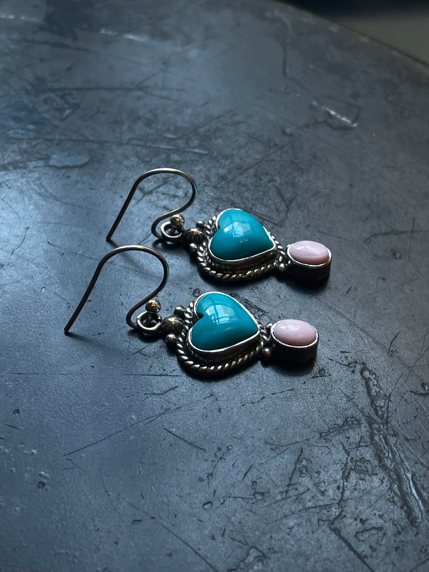 Kingman Turquoise Pink Conch Earrings | Heart Drop Hook E666