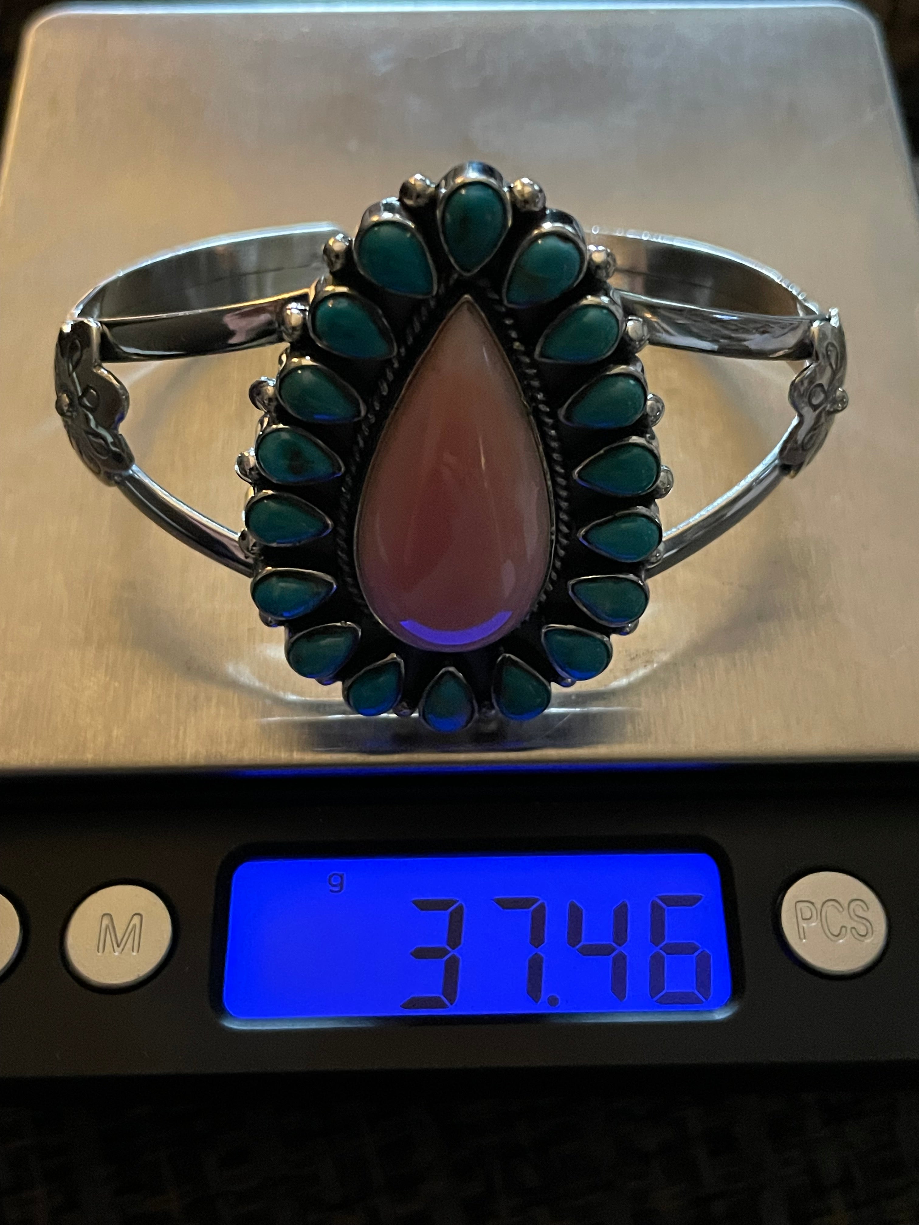 Pink Conch and Turquoise Cuff Bracelet | Sterling Silver 925 B881