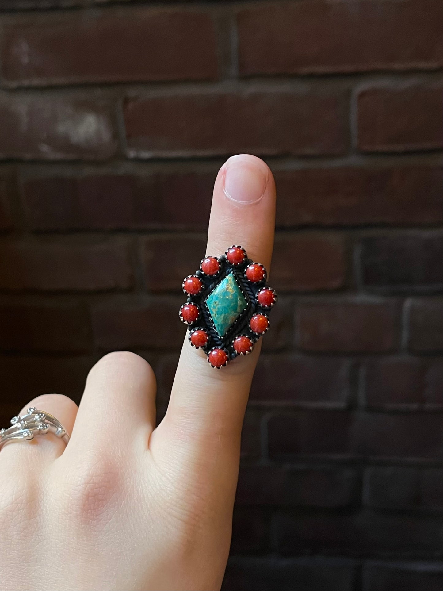 Kingman Turquoise Coral Cluster Ring | Sterling Silver | Size 7 | A165