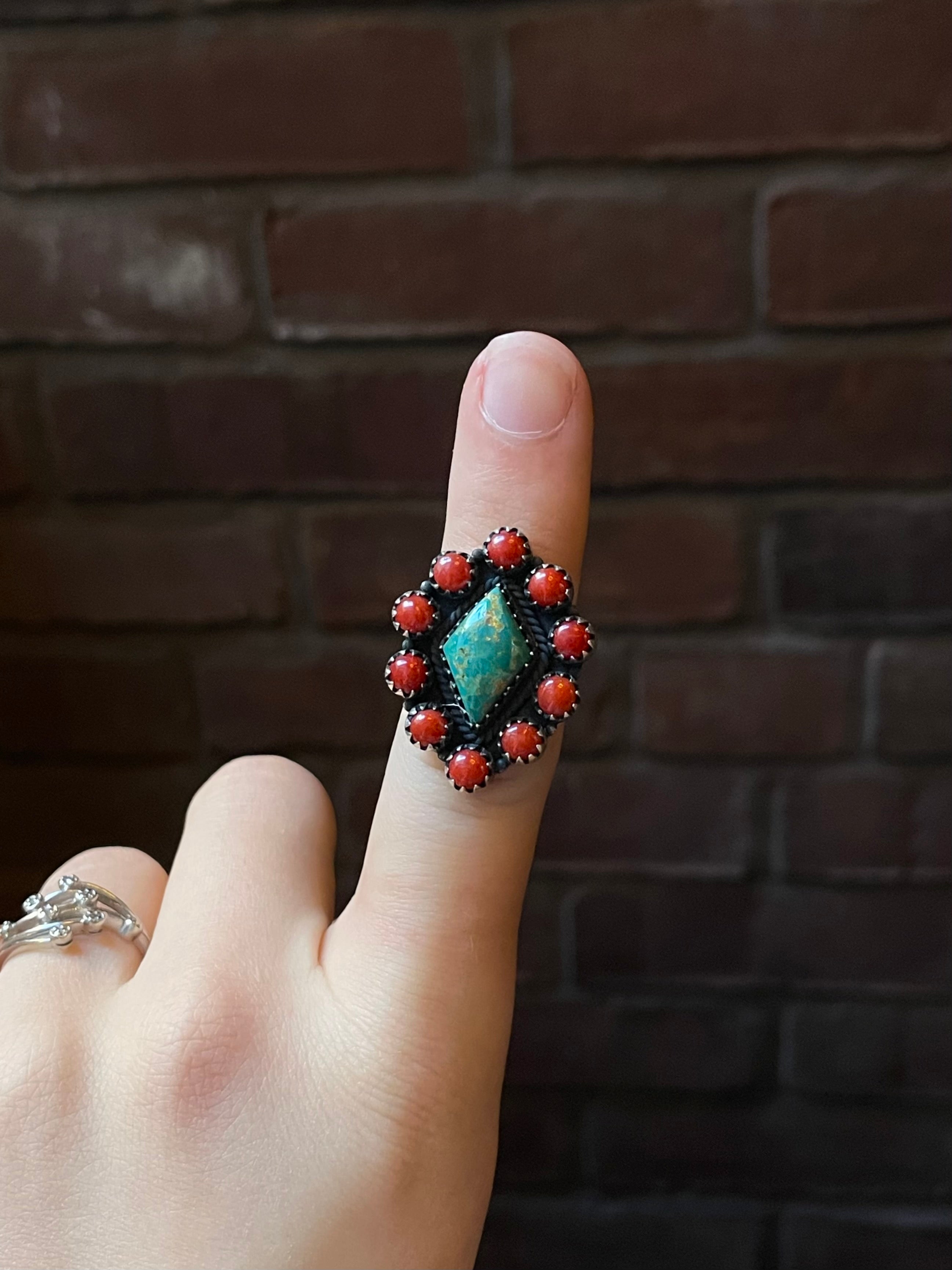 Kingman Turquoise Coral Cluster Ring | Sterling Silver | Size 7 | A165