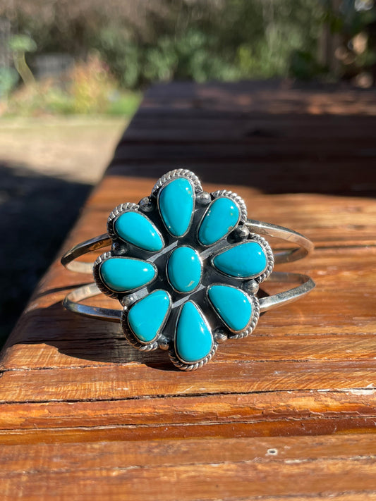 Kingman Turquoise Cluster Flower Cuff | 925 Sterling Silver | B9508 B883