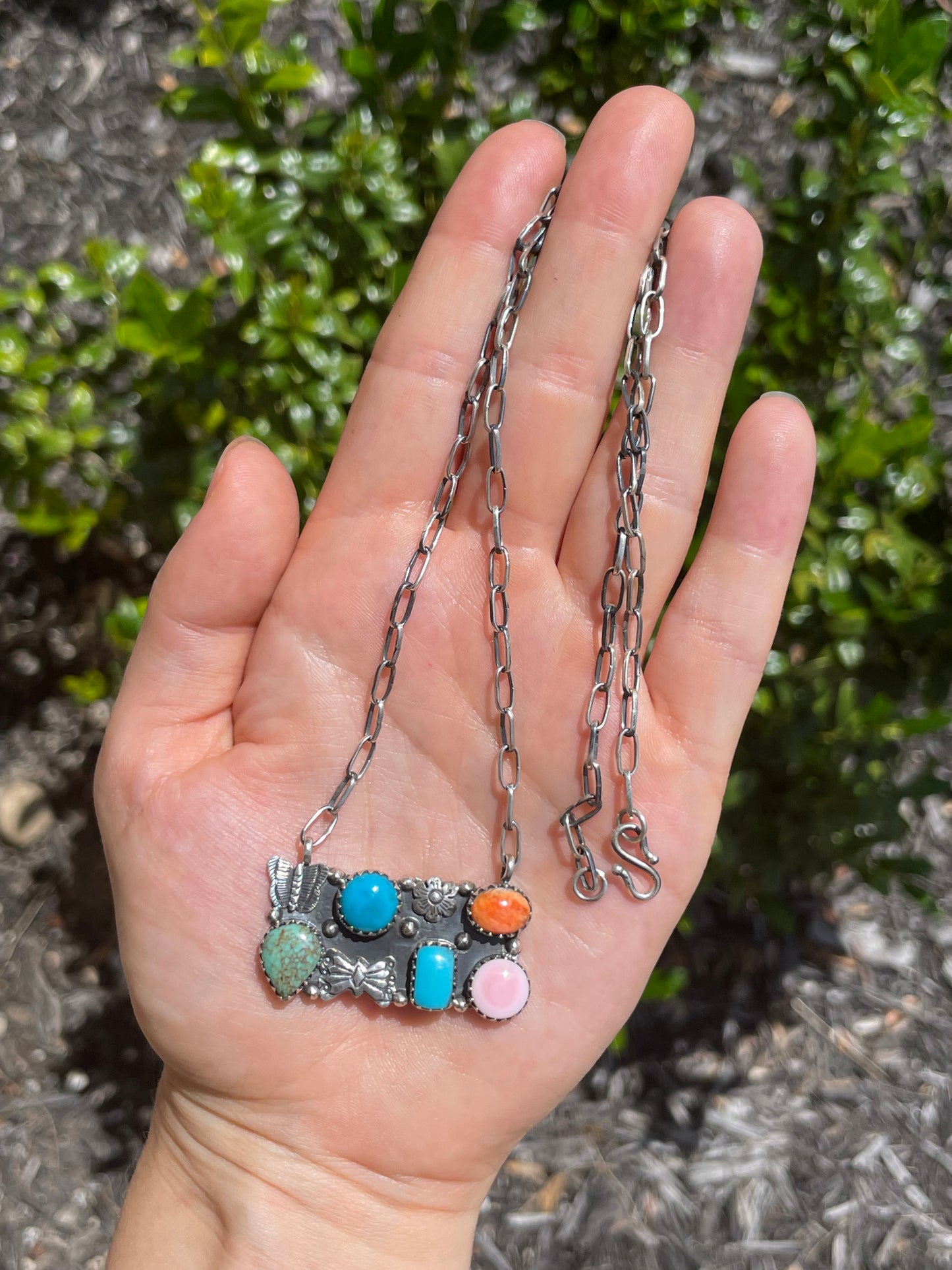 Turquoise, Pink Conch & Spiny Oyster Butterfly Necklace | Sterling Silver D166