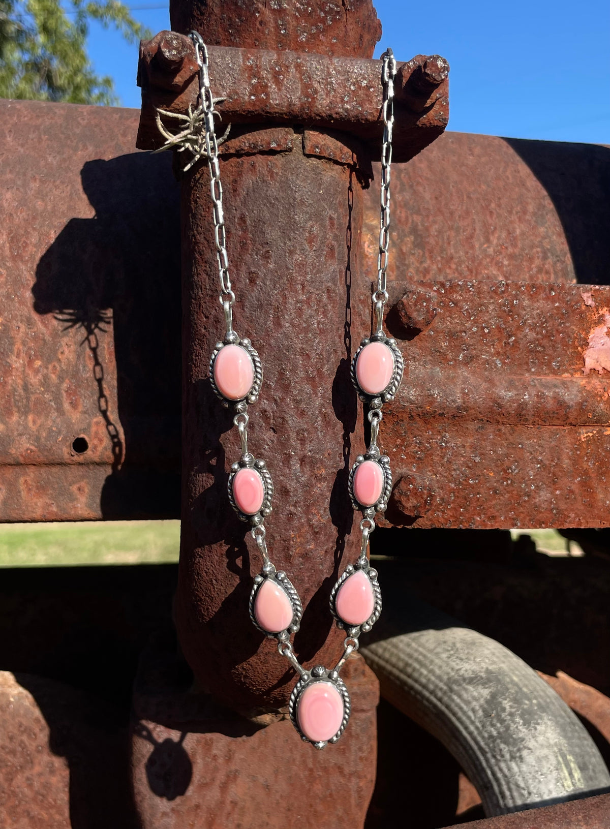 Pink Conch Lariat Necklace | Teardrop Station Drop | 925 Silver E565
