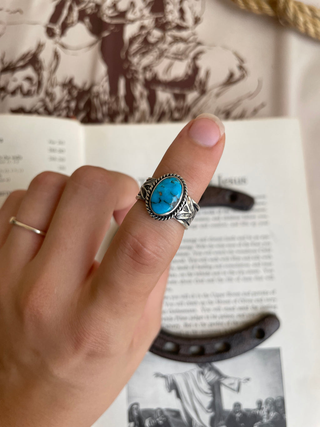 Turquoise Oval Stamped Ring | 925 Sterling Silver Size 7 G817