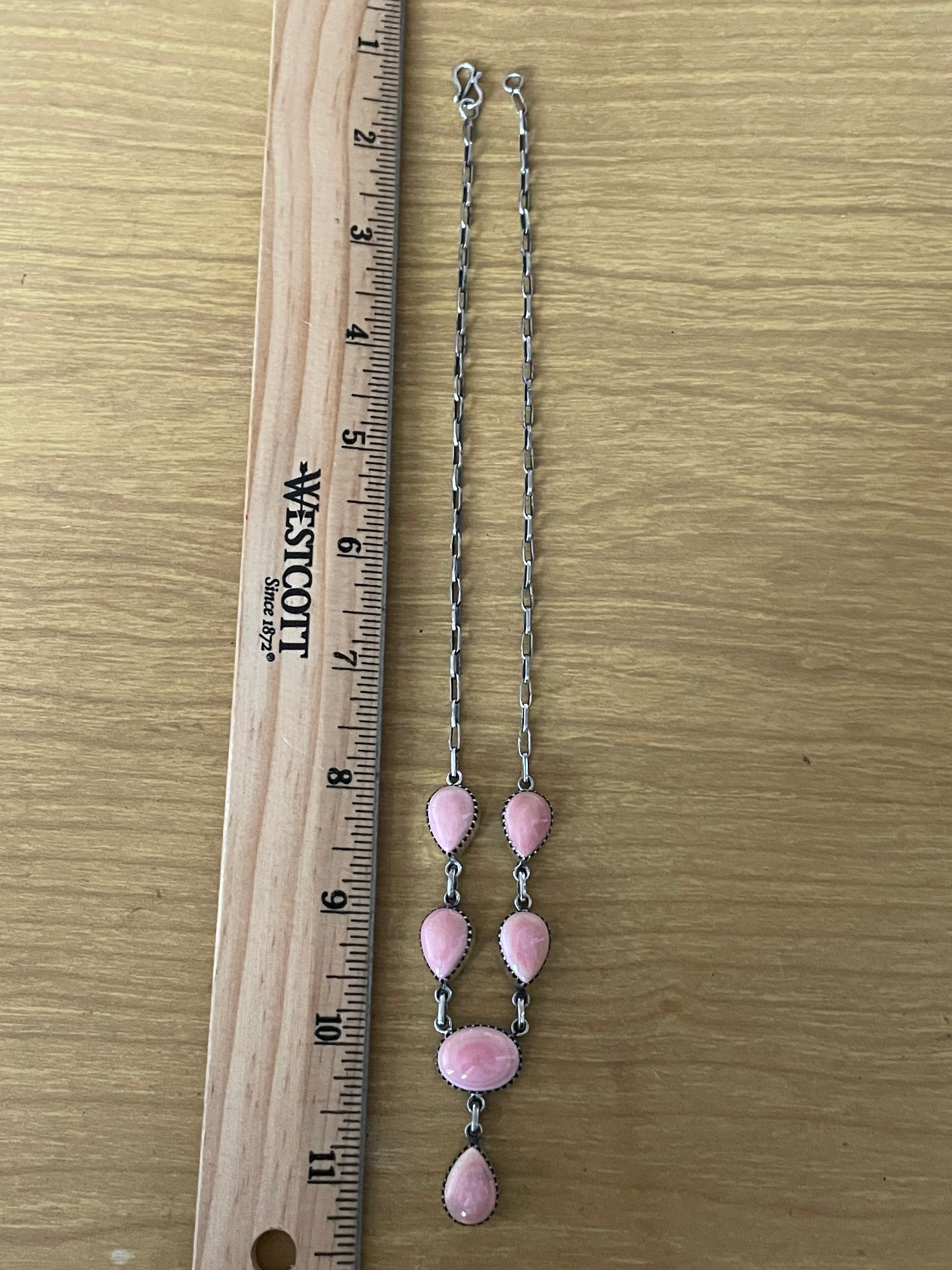 Pink Conch Lariat Necklace | Teardrop Station Drop | 925 Silver E577