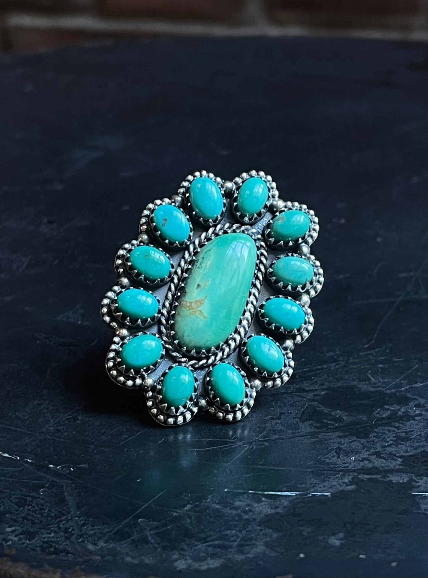 Kingman Turquoise Flower Cluster Ring | Sterling Silver | Size 9 | A132