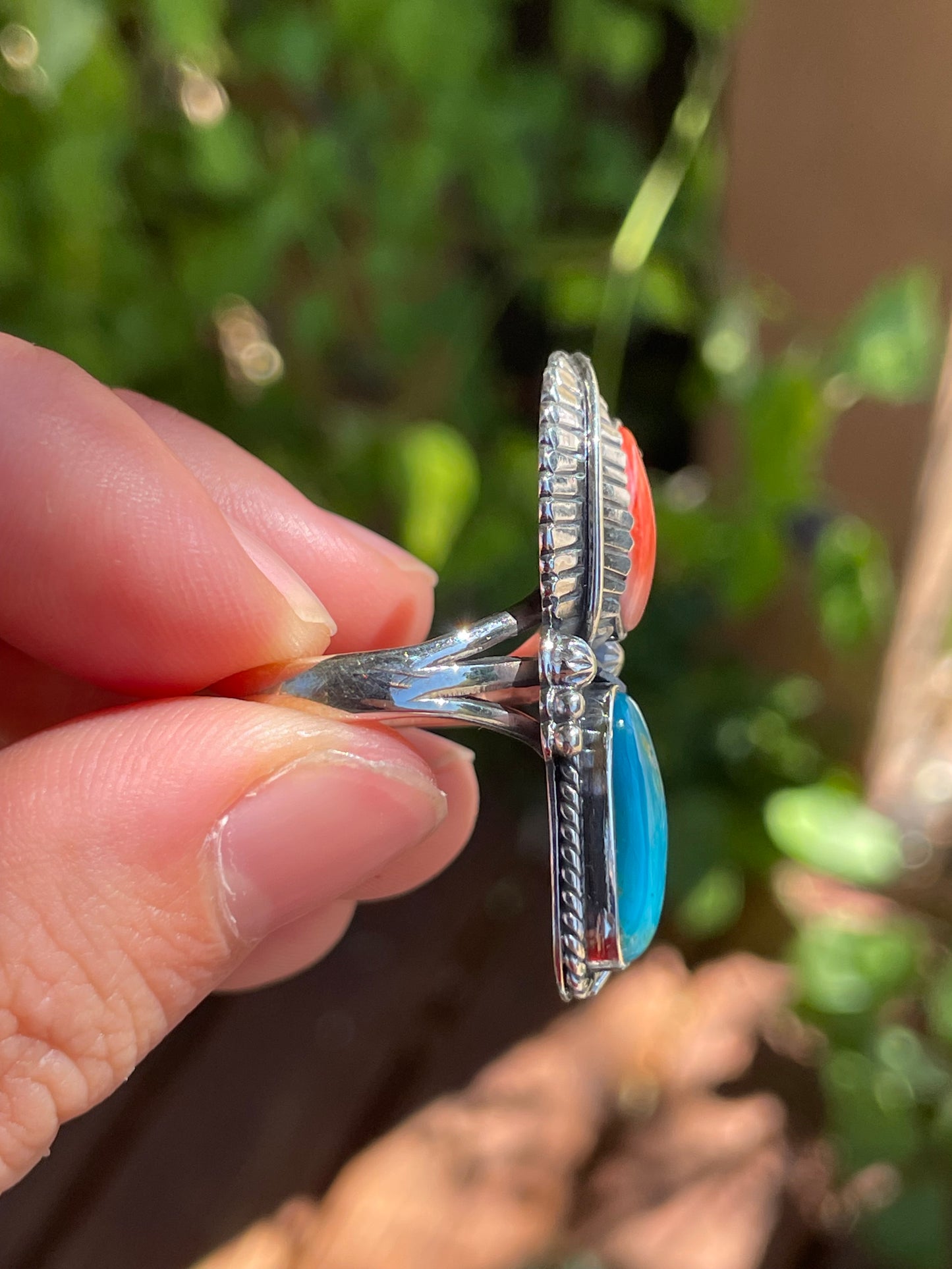 Spiny Oyster & Turquoise Leaf Ring | Size 9 | 925 Sterling Silver Z82