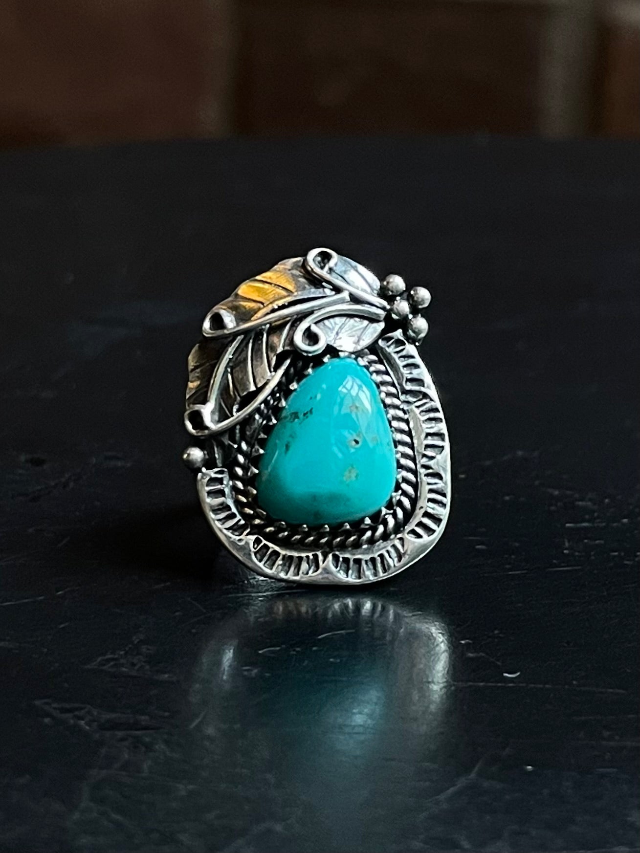 Kingman Turquoise Leaf Ring | Sterling Silver | Size 6.5 | A034