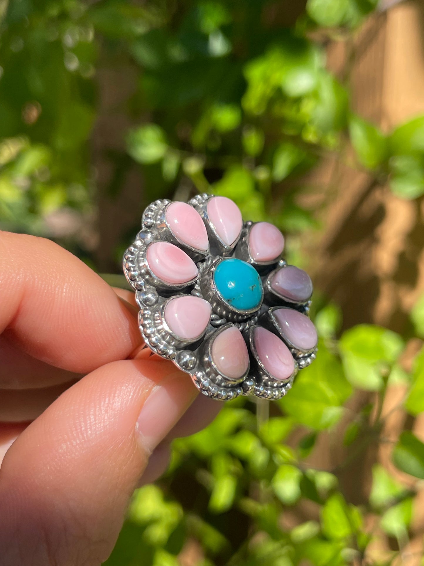 Pink Conch and Turquoise Flower Ring | 925 Sterling Silver | Size 6 B296