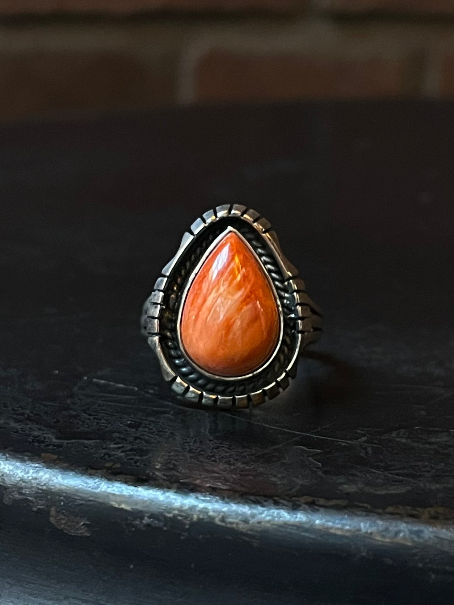 Orange Spiny Oyster Teardrop Ring Size 8 | 925 Sterling Silver E426