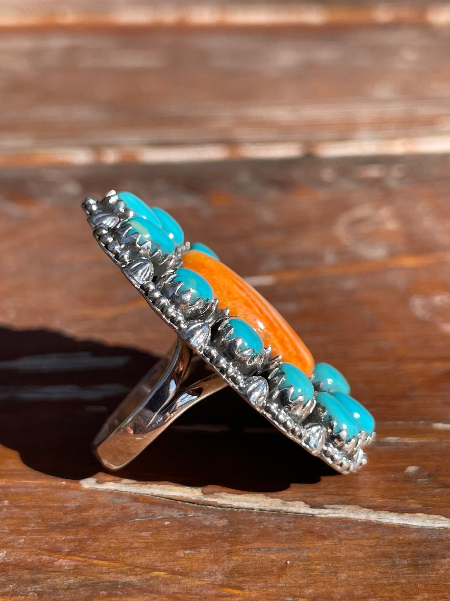 Spiny Oyster Kingman Turquoise Cluster Ring Size 7 | 925 Sterling Silver D105