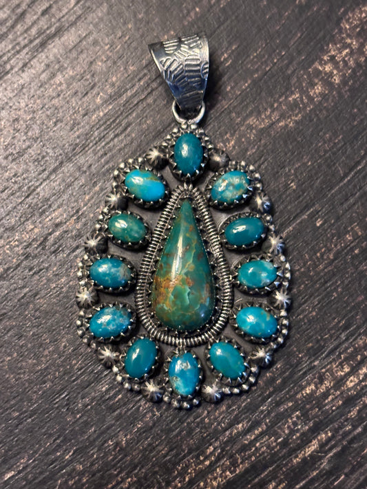 Kingman Turquoise Cluster Pendant | Sterling Silver Southwestern Style A081