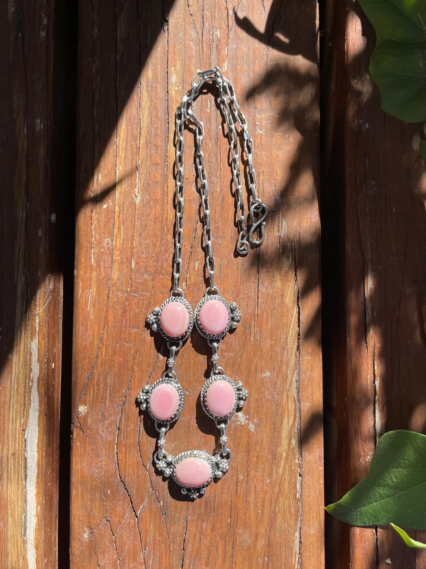 Pink Conch Drop Necklace | Sterling Silver 925 | Long Oval Statement | B867