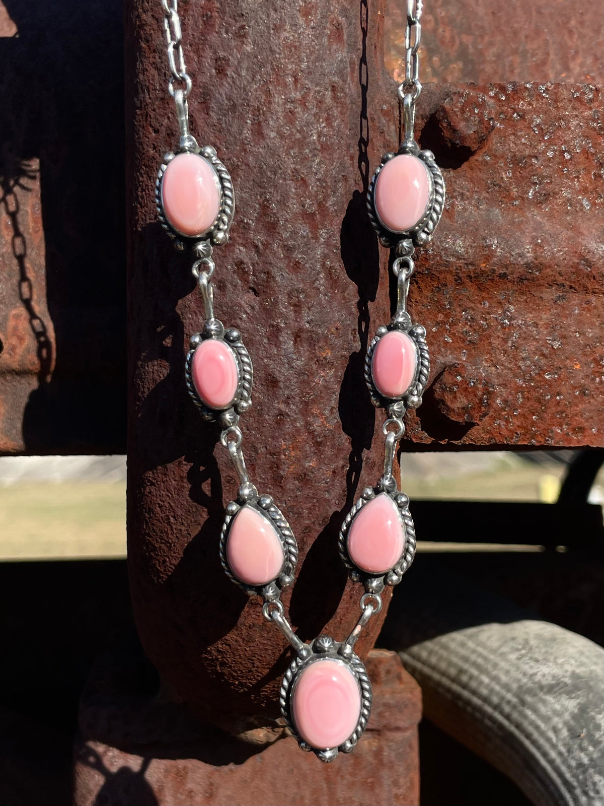 Pink Conch Lariat Necklace | Teardrop Station Drop | 925 Silver E565