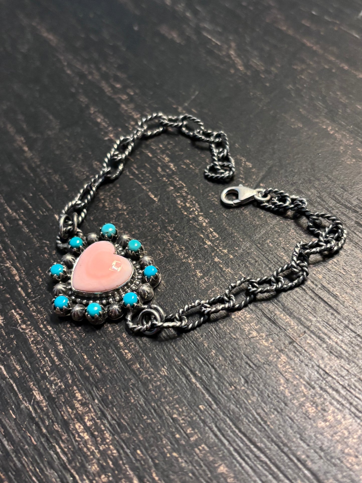 Pink Conch Heart Link Bracelet | 925 Sterling Silver Southwestern Style A002