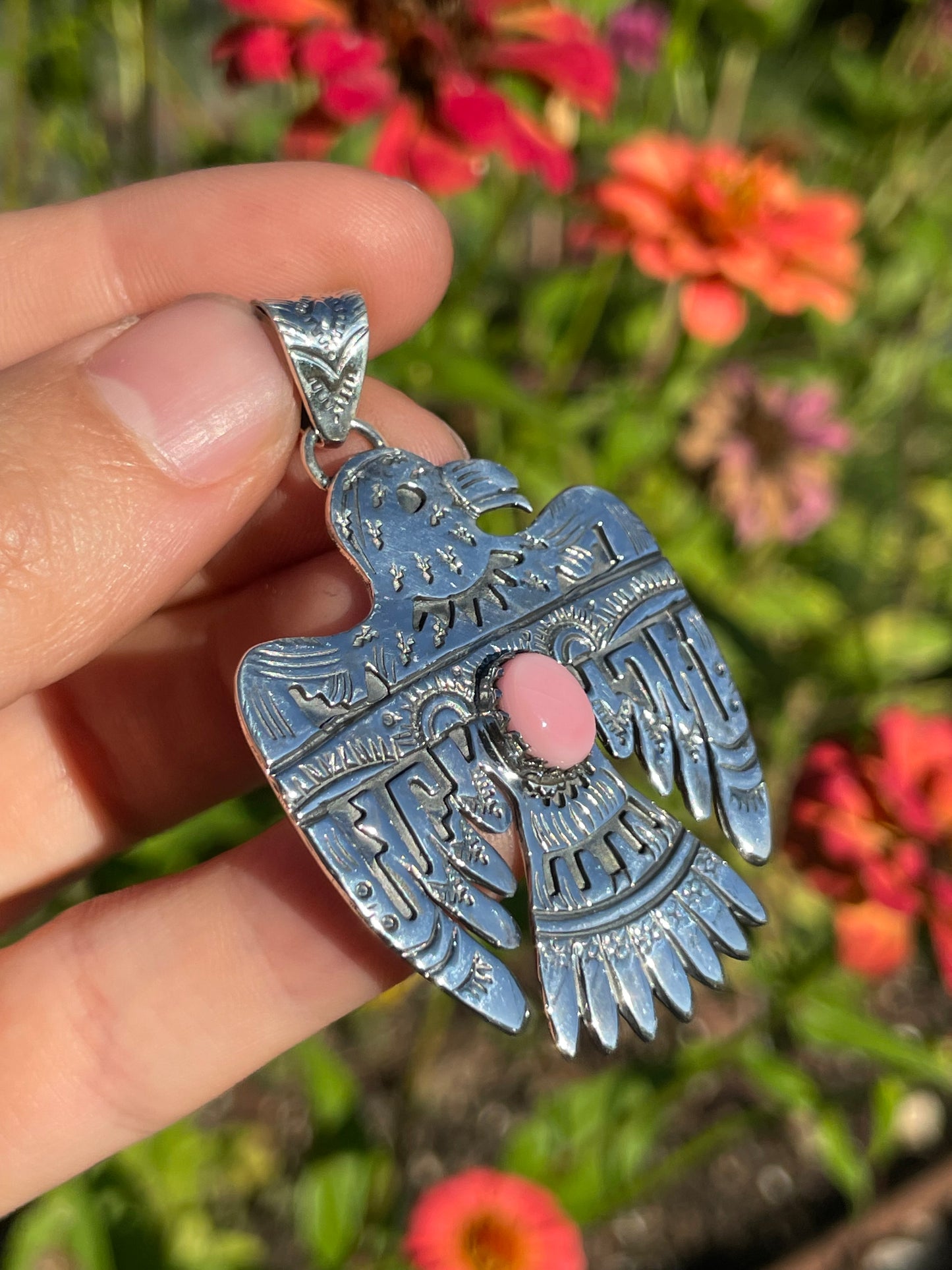 Pink Conch Thunderbird Pendant | Handcrafted Sterling Silver 925 B468