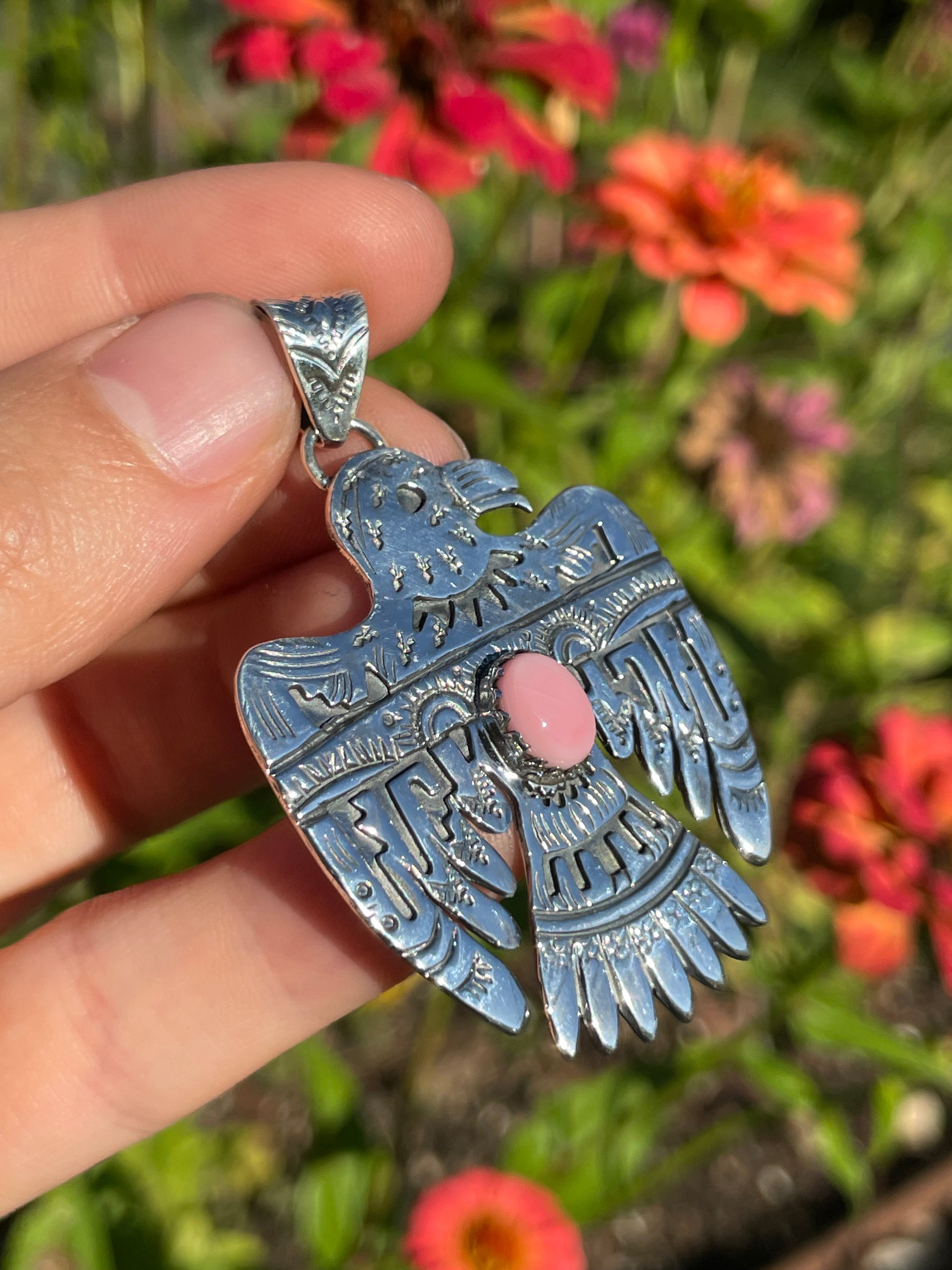 Pink Conch Thunderbird Pendant | Handcrafted Sterling Silver 925 B468