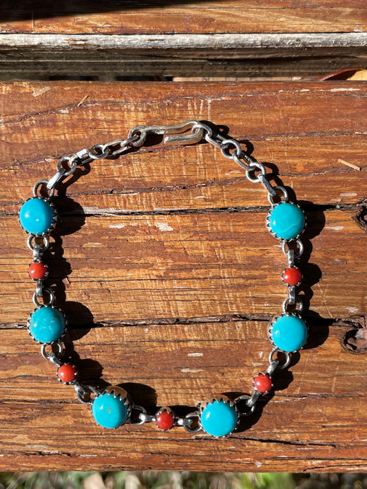 Kingman Turquoise and Italian Coral Link Bracelet | 925 Sterling Silver B918