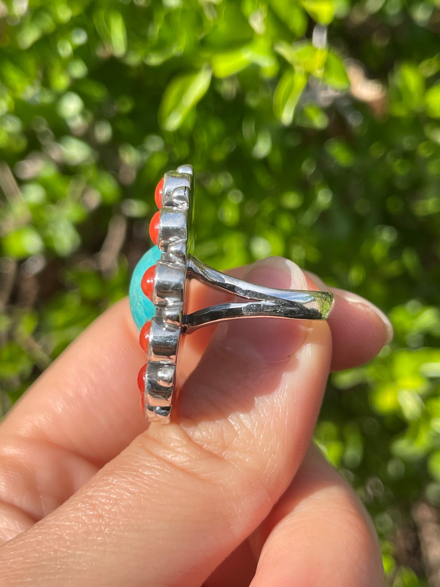 Turquoise & Coral Flower Ring Size 7 | 925 Sterling Silver B566